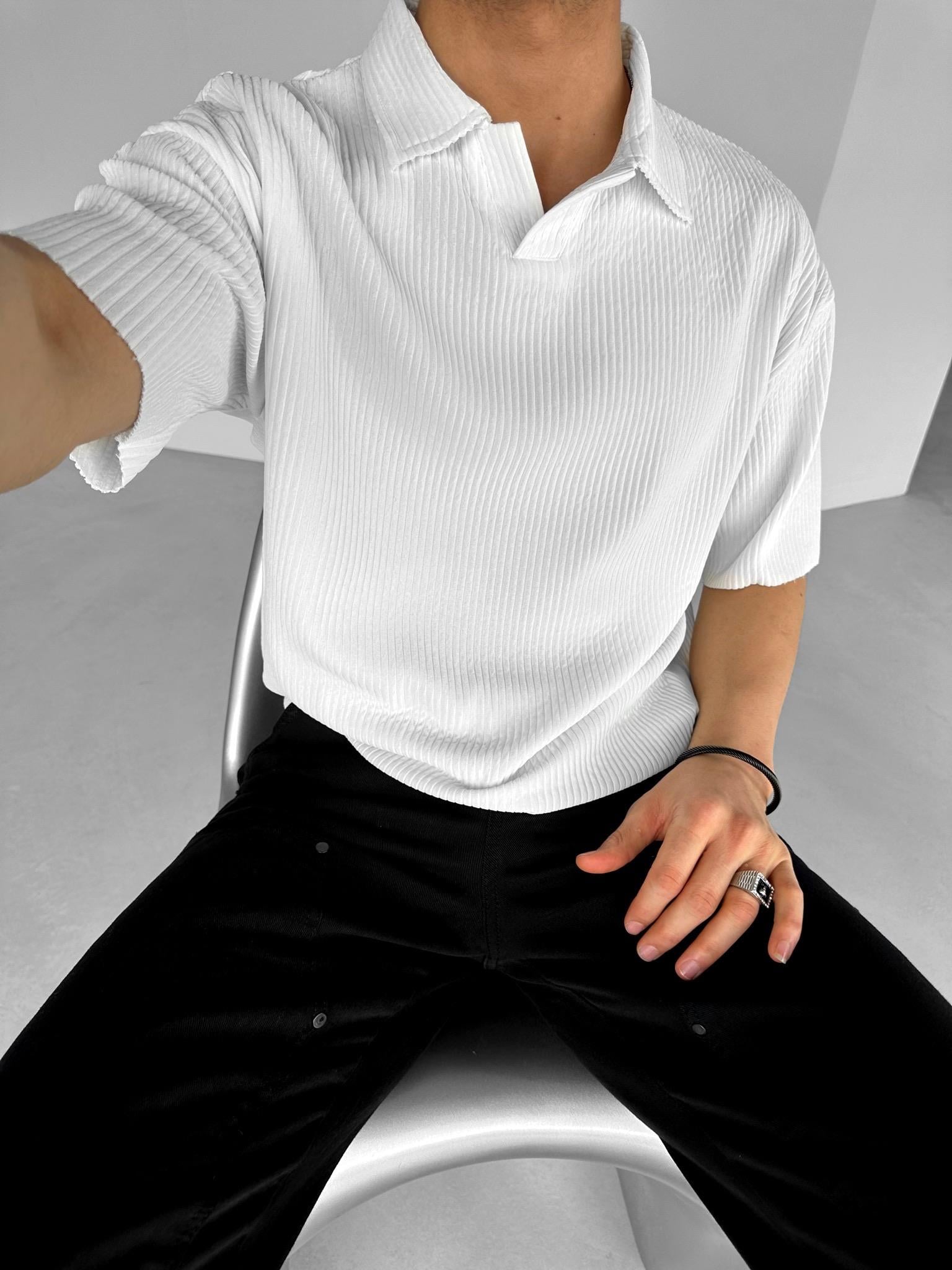 Oversize Polo Yaka Basic Fitilli T-Shirt Ekru
