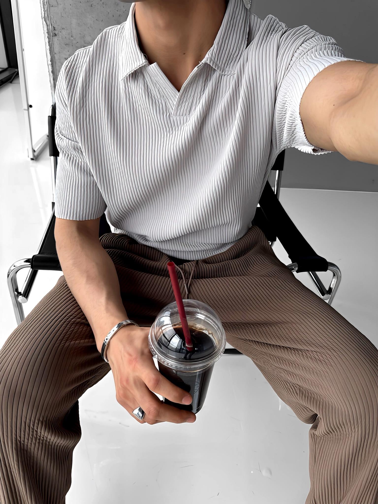 Oversize Polo Yaka Basic Fitilli T-Shirt Gri