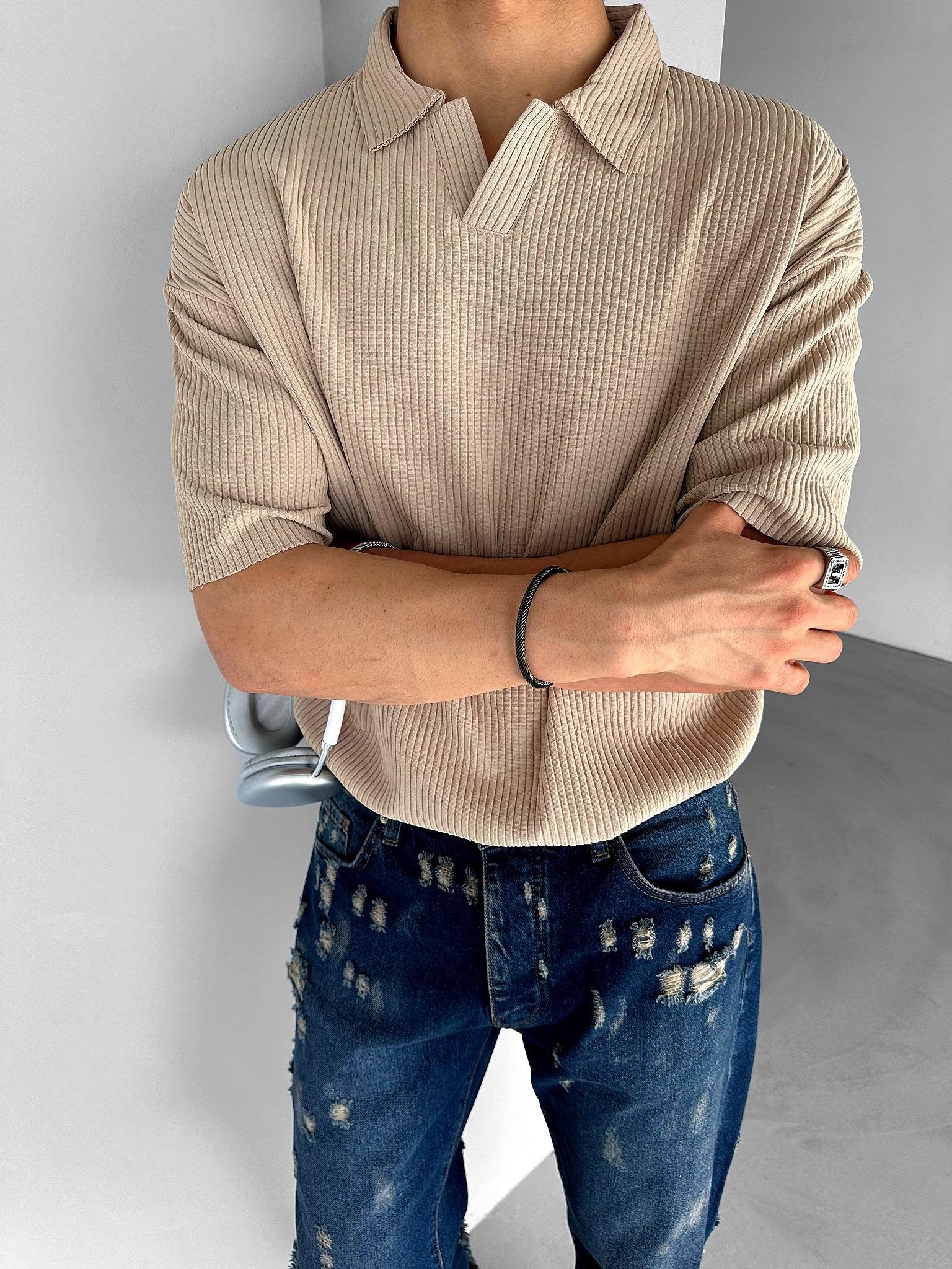 Oversize Polo Yaka Basic Fitilli T-Shirt Bej