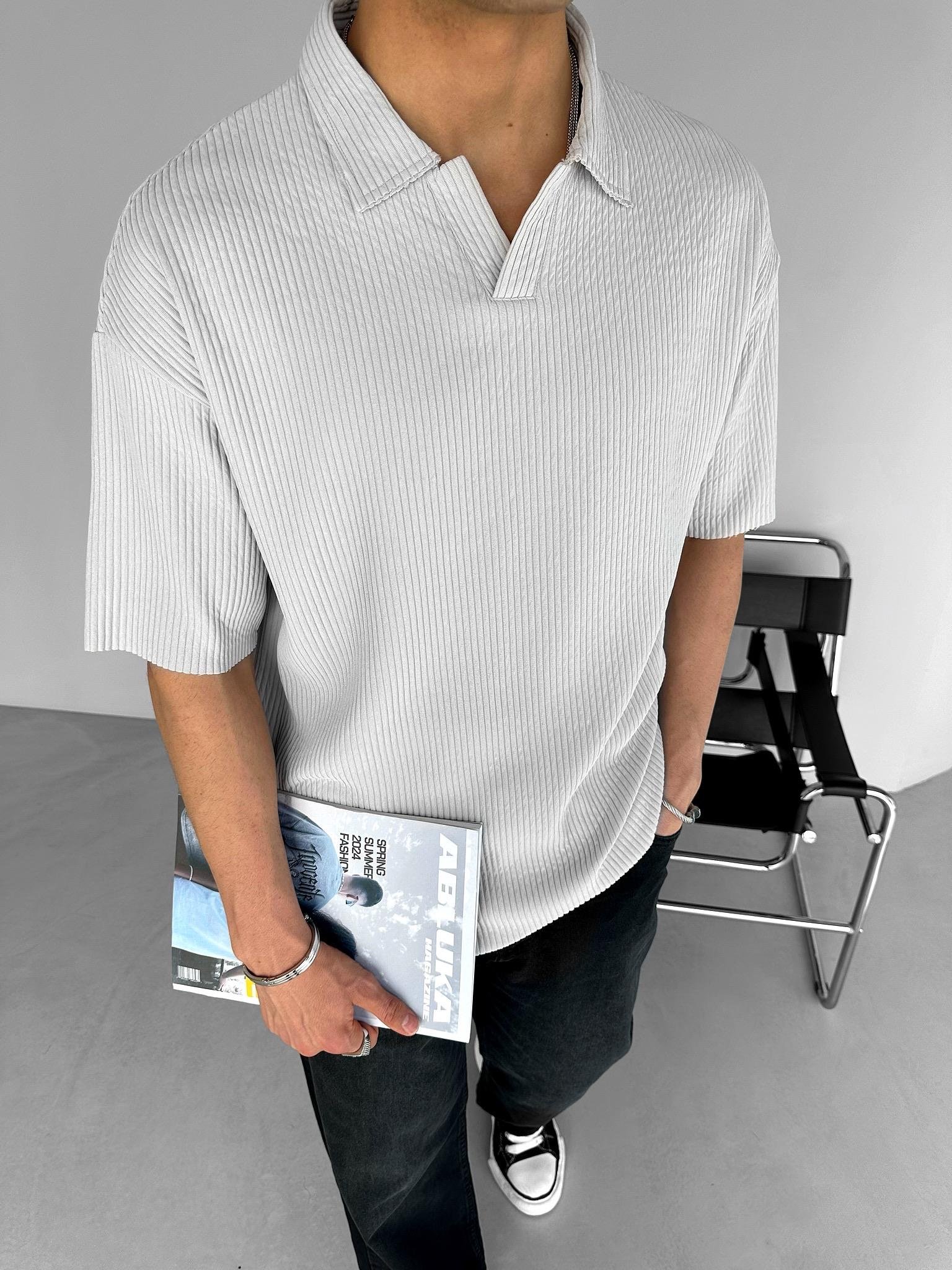Oversize Polo Yaka Basic Fitilli T-Shirt Gri