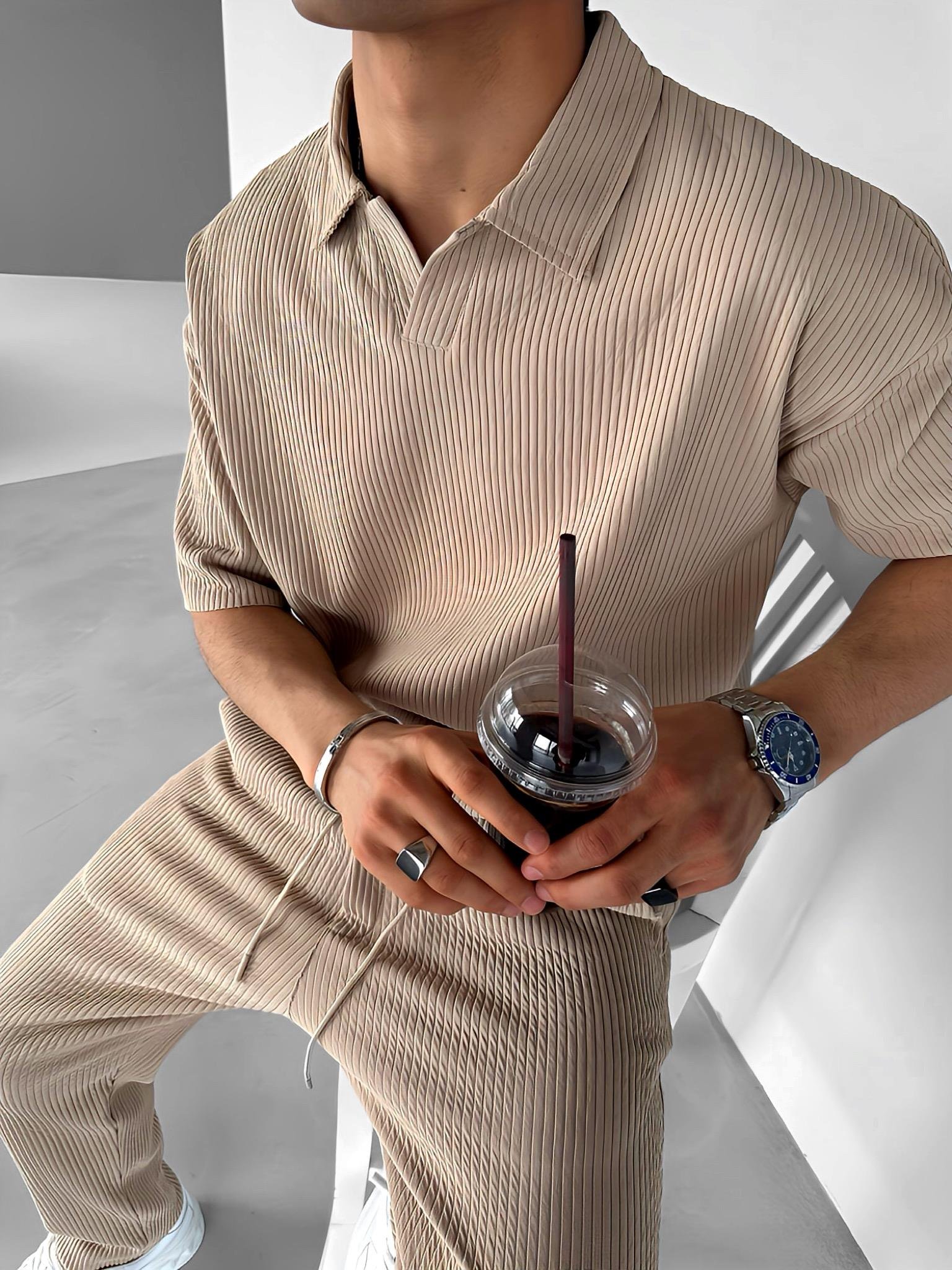 Oversize Polo Yaka Basic Fitilli T-Shirt Bej