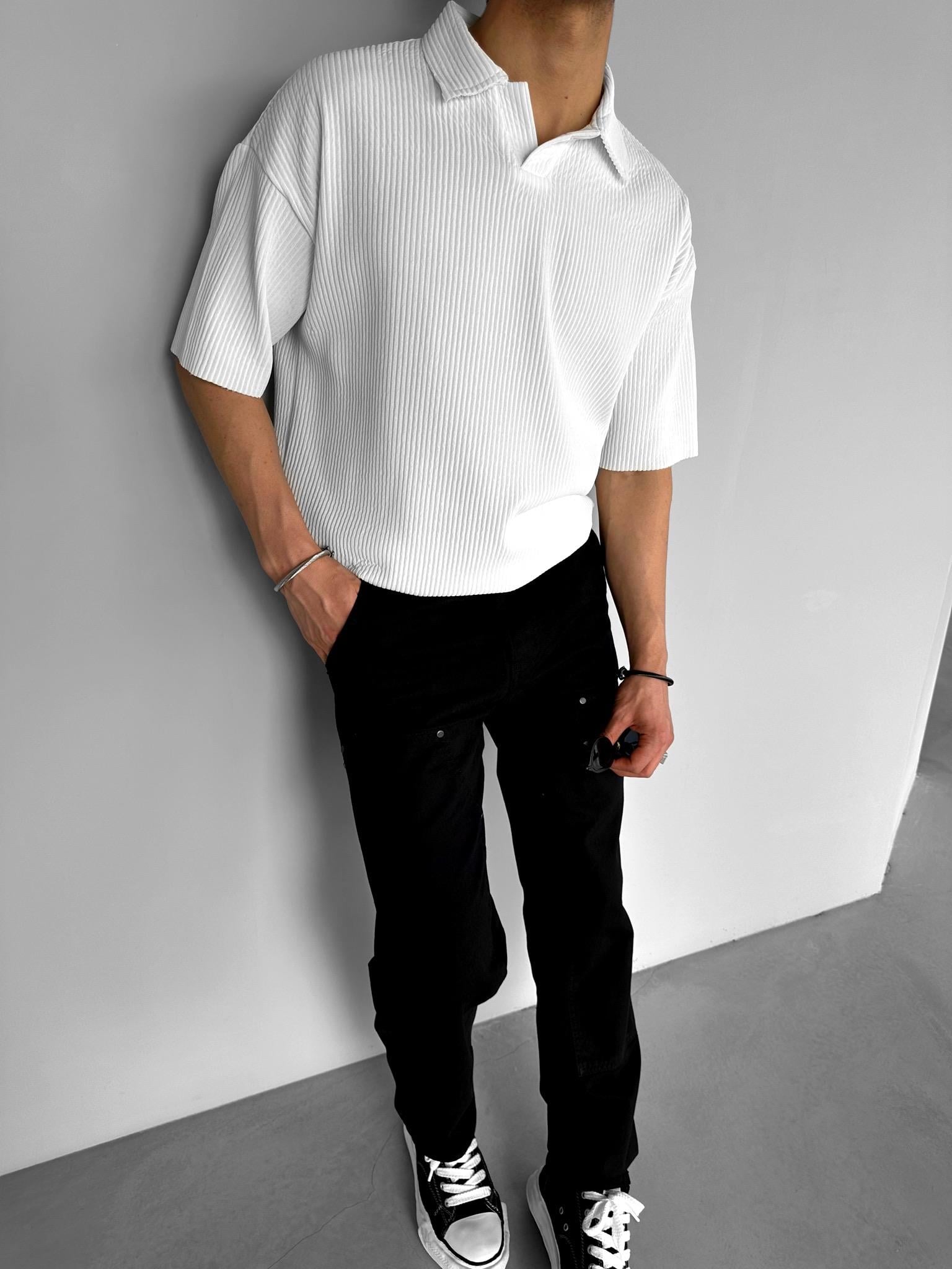 Oversize Polo Yaka Basic Fitilli T-Shirt Ekru