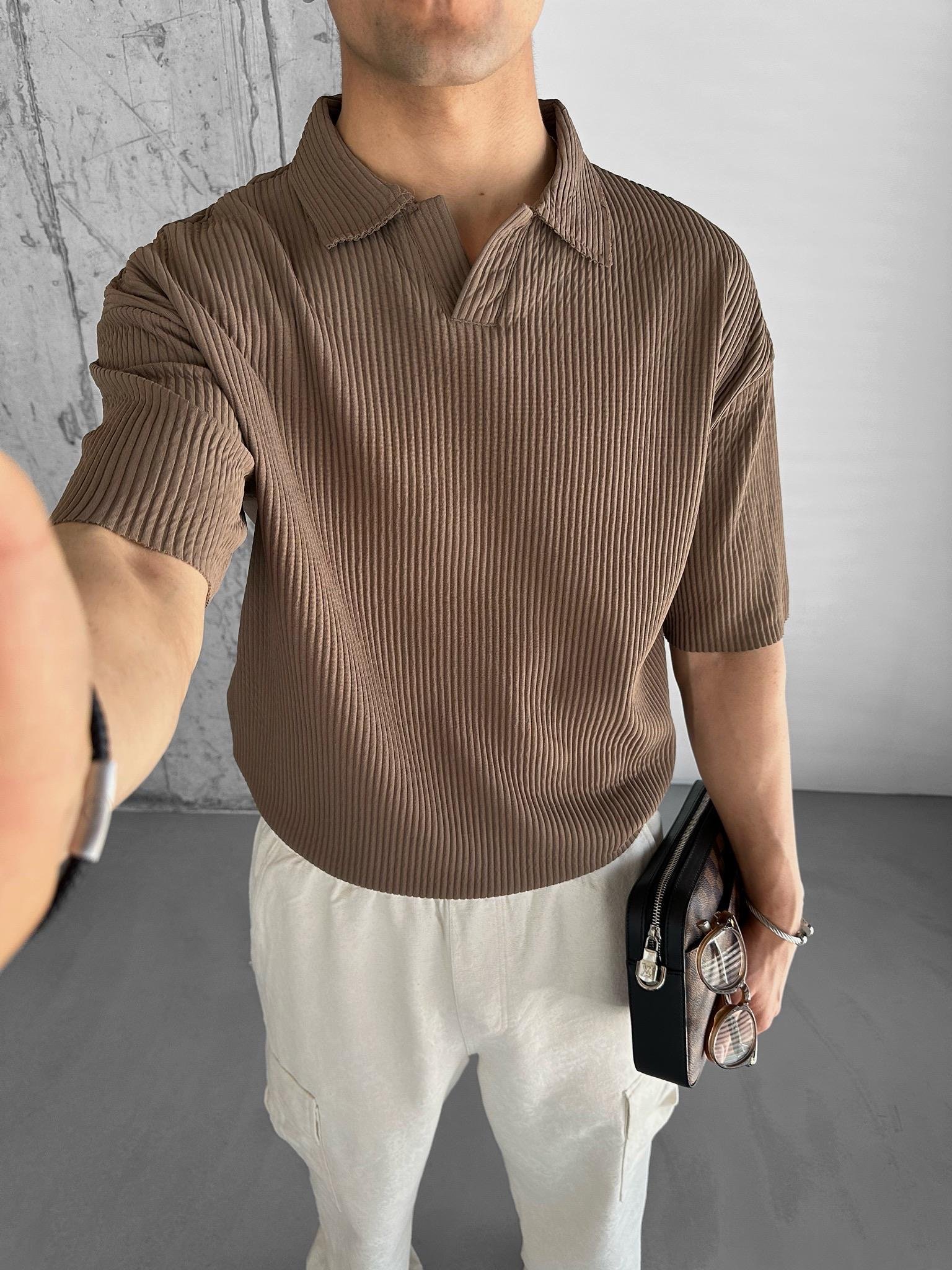 Oversize Polo Yaka Basic Fitilli T-Shirt Kahverengi
