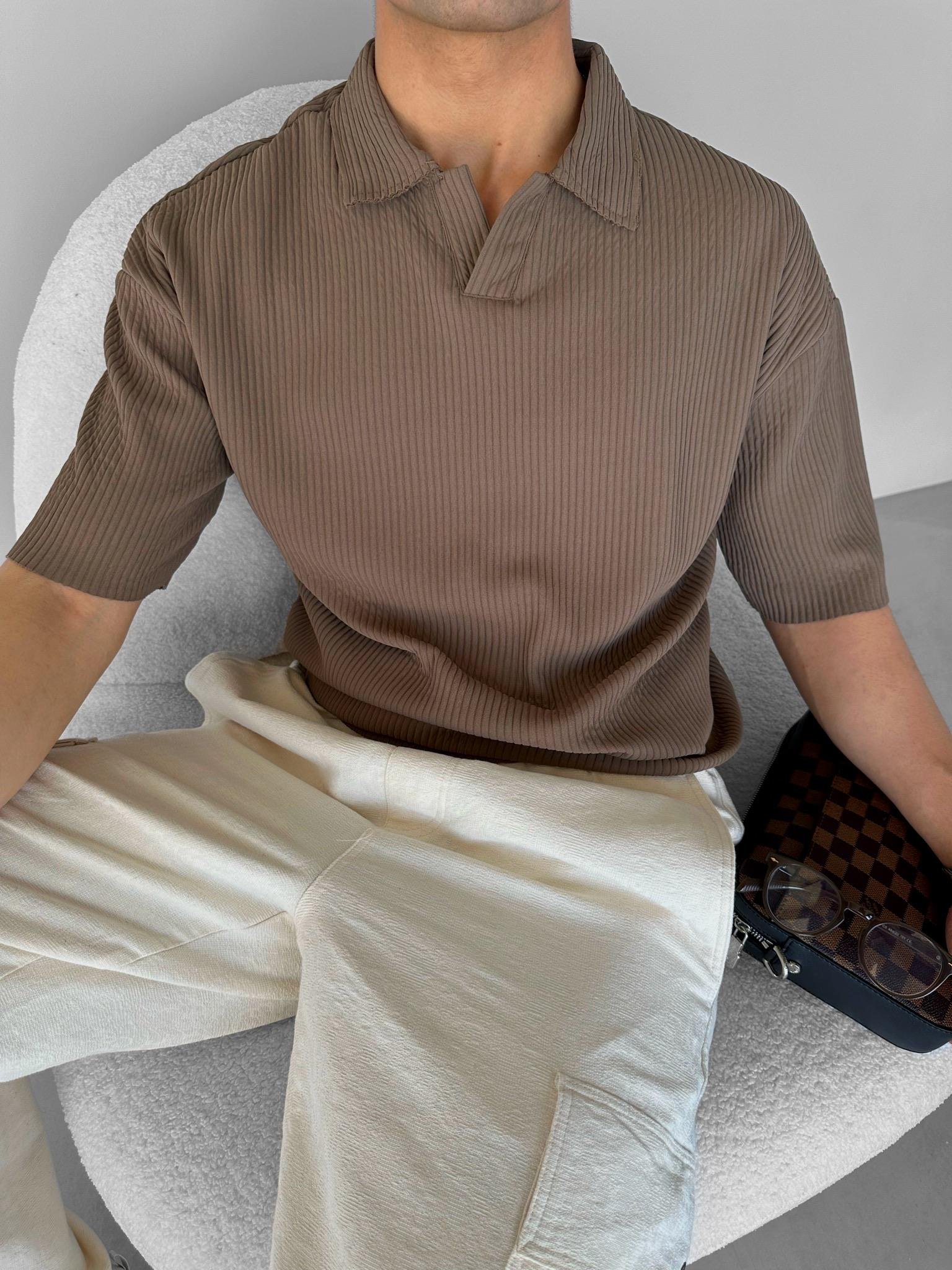 Oversize Polo Yaka Basic Fitilli T-Shirt Kahverengi