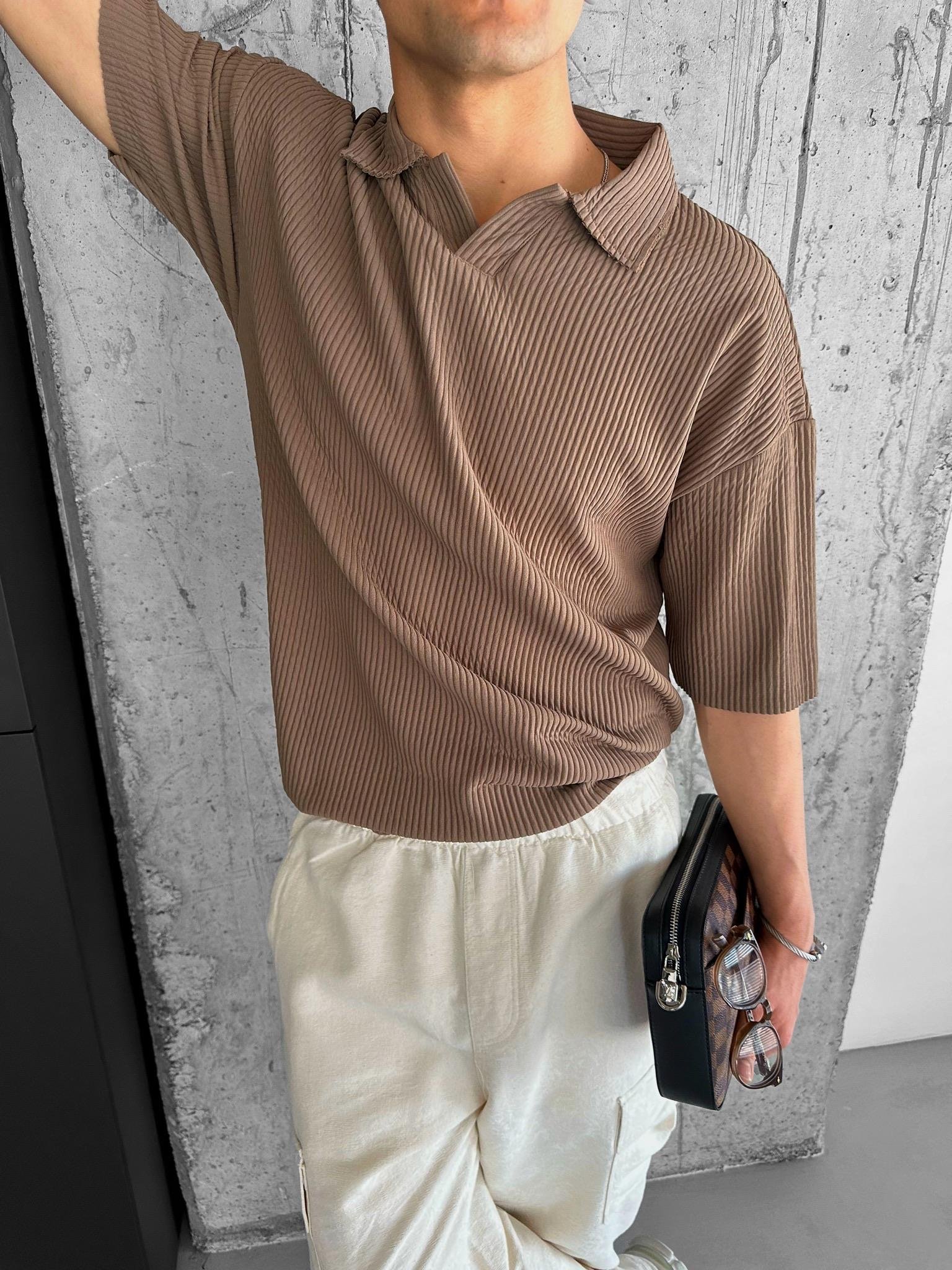 Oversize Polo Yaka Basic Fitilli T-Shirt Kahverengi