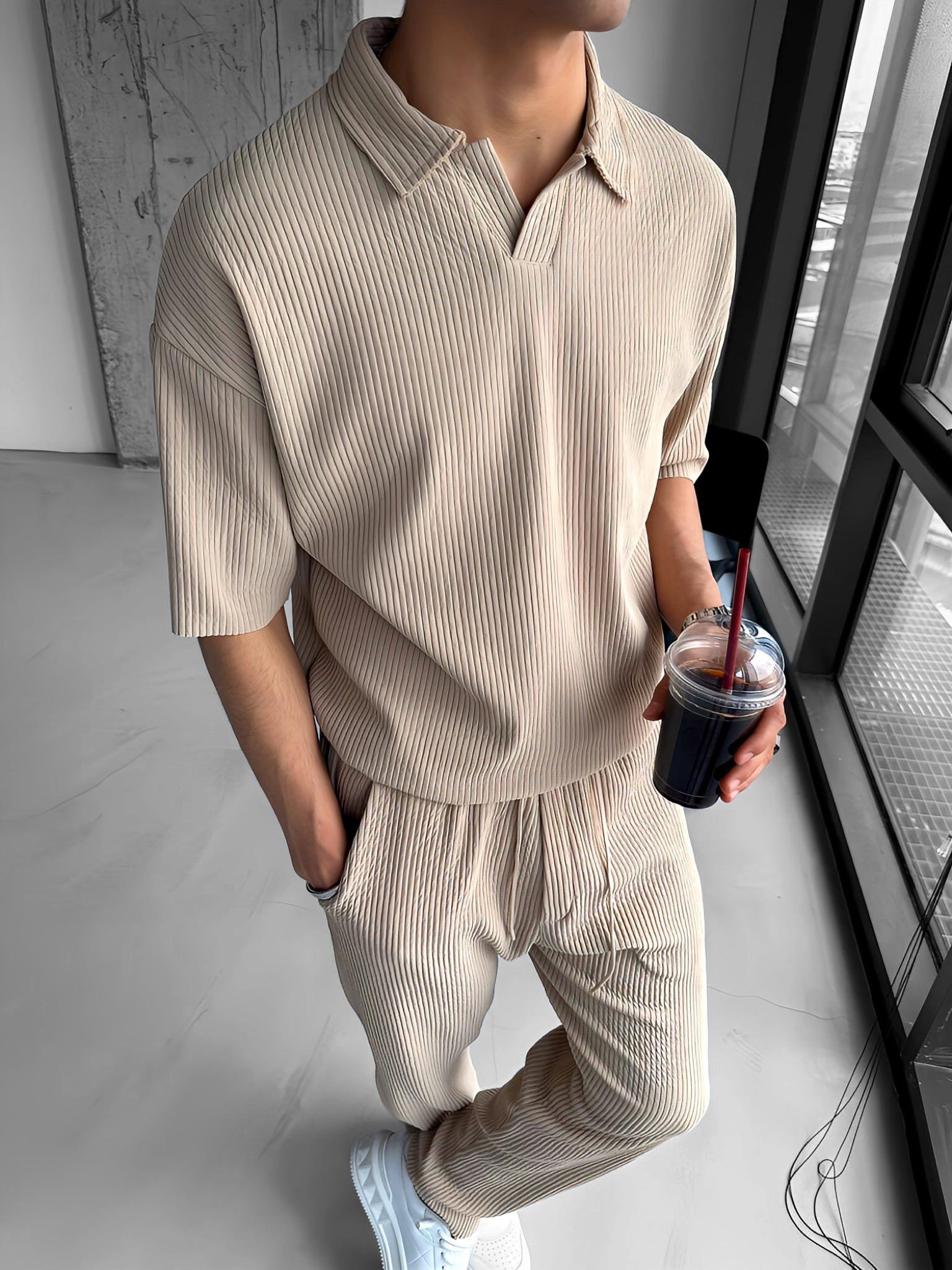 Oversize Polo Yaka Basic Fitilli T-Shirt Bej