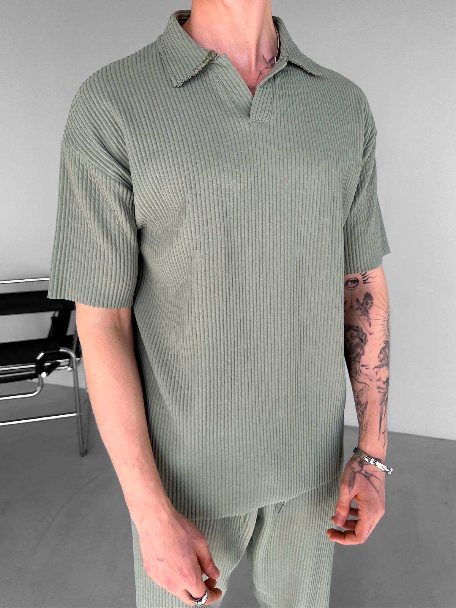 Oversize Polo Yaka Basic Fitilli T-Shirt Açık Yeşil