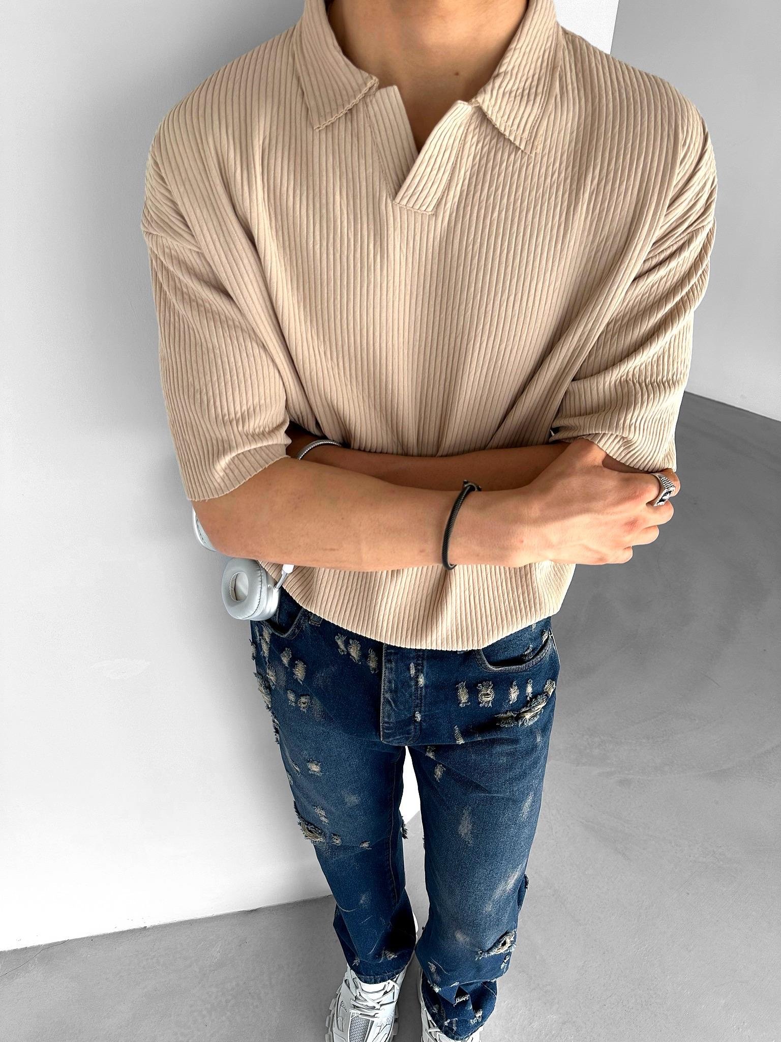 Oversize Polo Yaka Basic Fitilli T-Shirt Bej