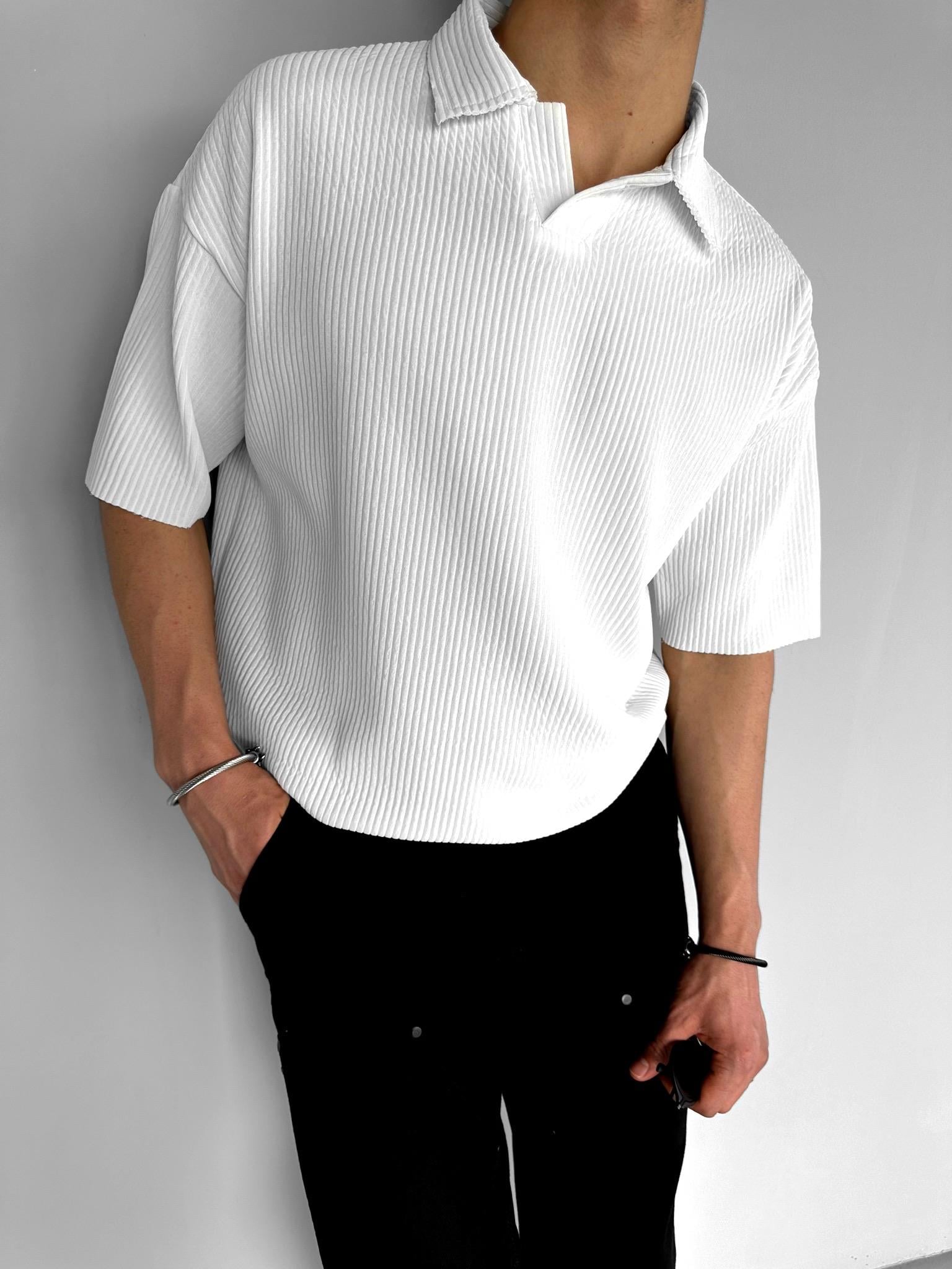 Oversize Polo Yaka Basic Fitilli T-Shirt Ekru