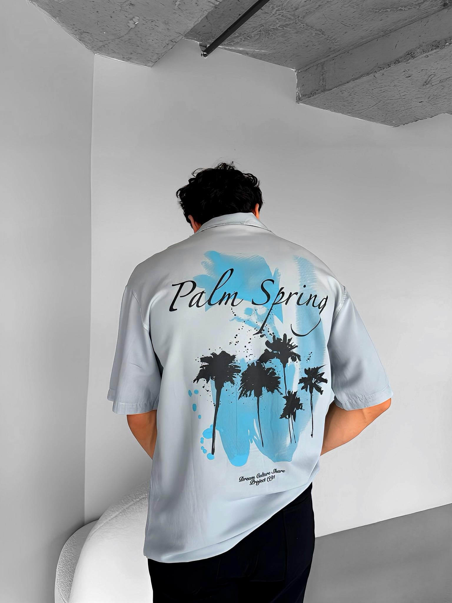 Oversize Polo Yaka Grafik Baskılı Gömlek Açık Gri