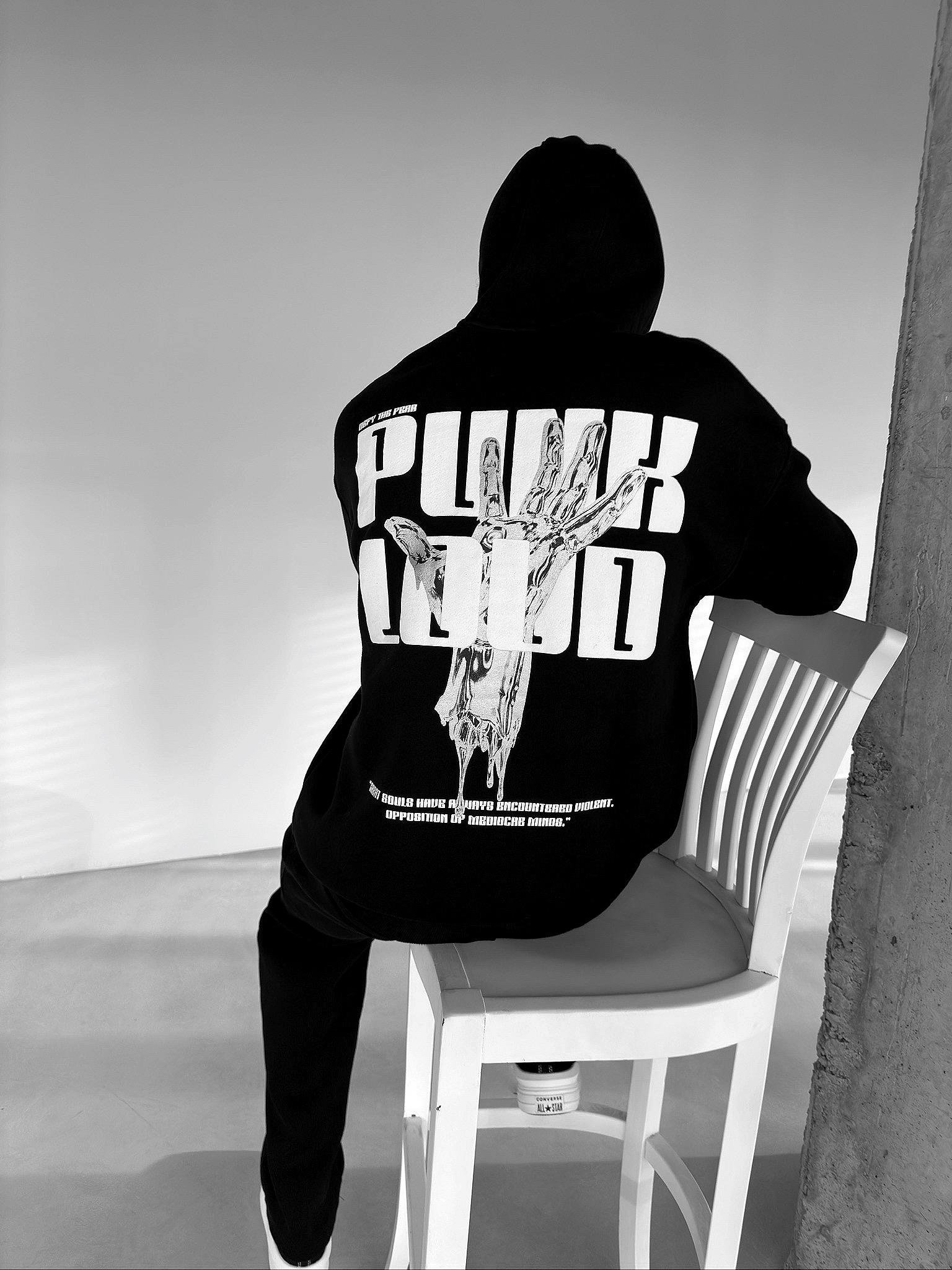 Oversize Punk Loud Kapüşonlu Sweatshirt Siyah