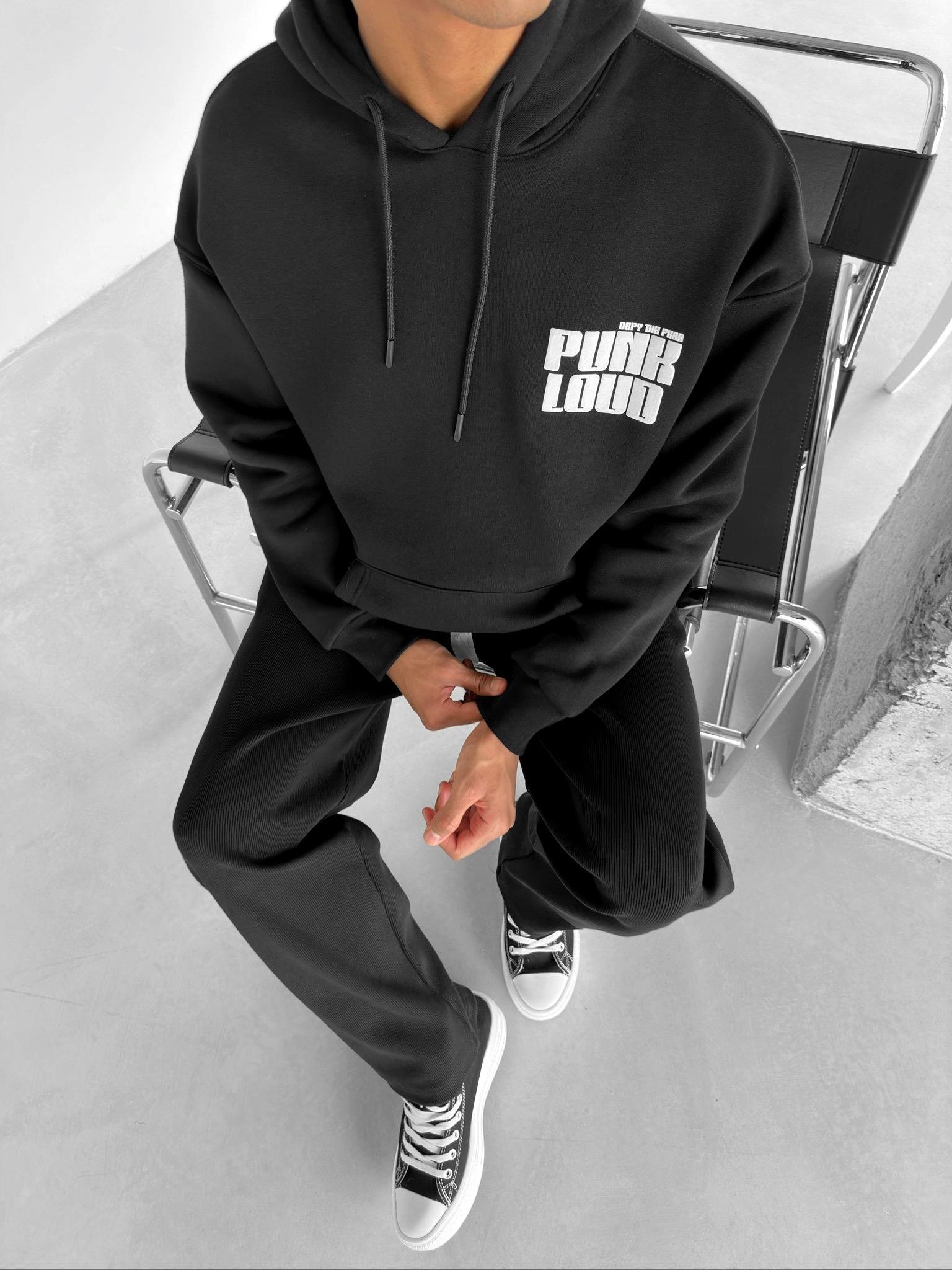 Oversize Punk Loud Kapüşonlu Sweatshirt Siyah