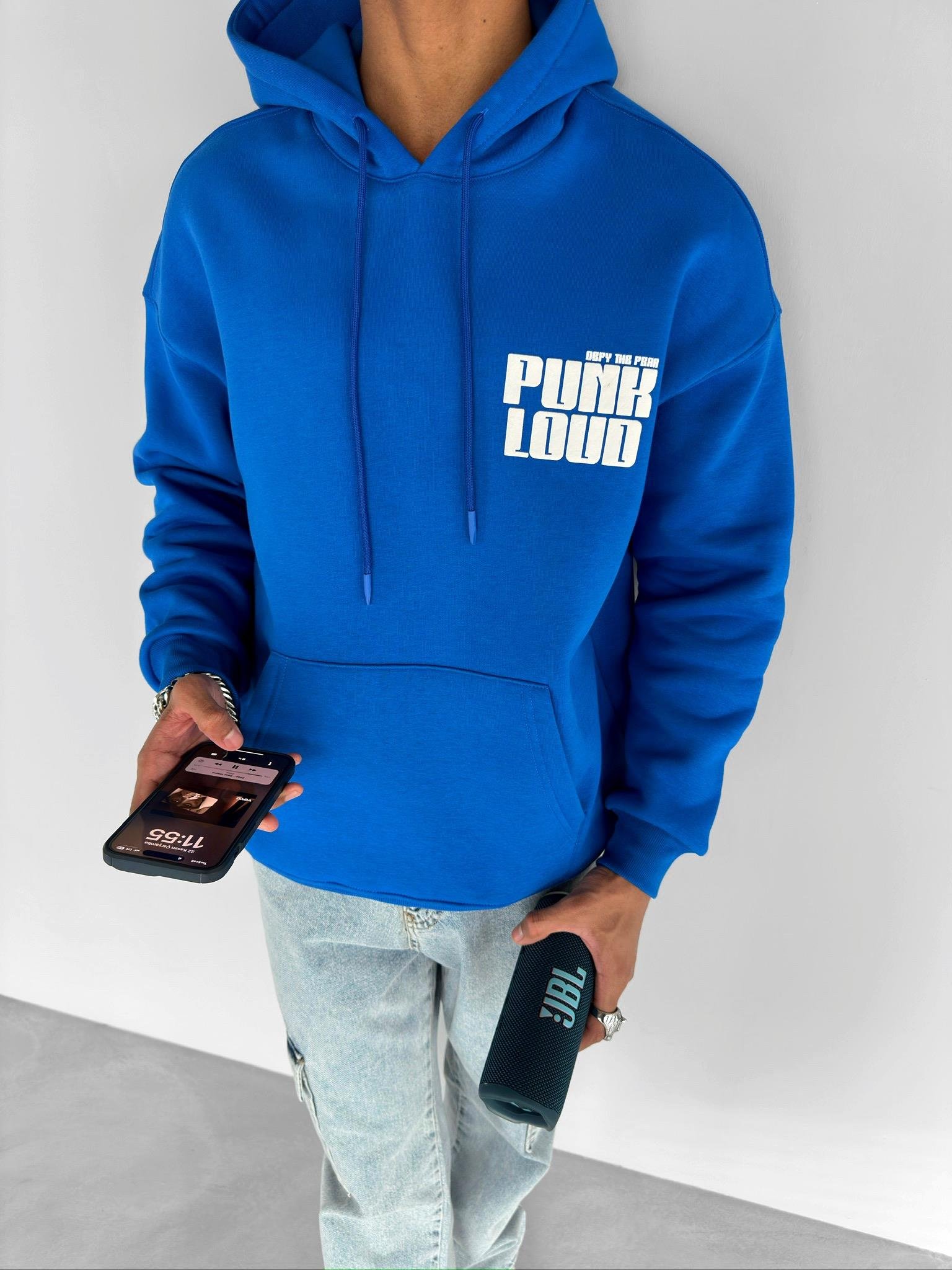 Oversize Punk Loud Kapüşonlu Sweatshirt Mavi