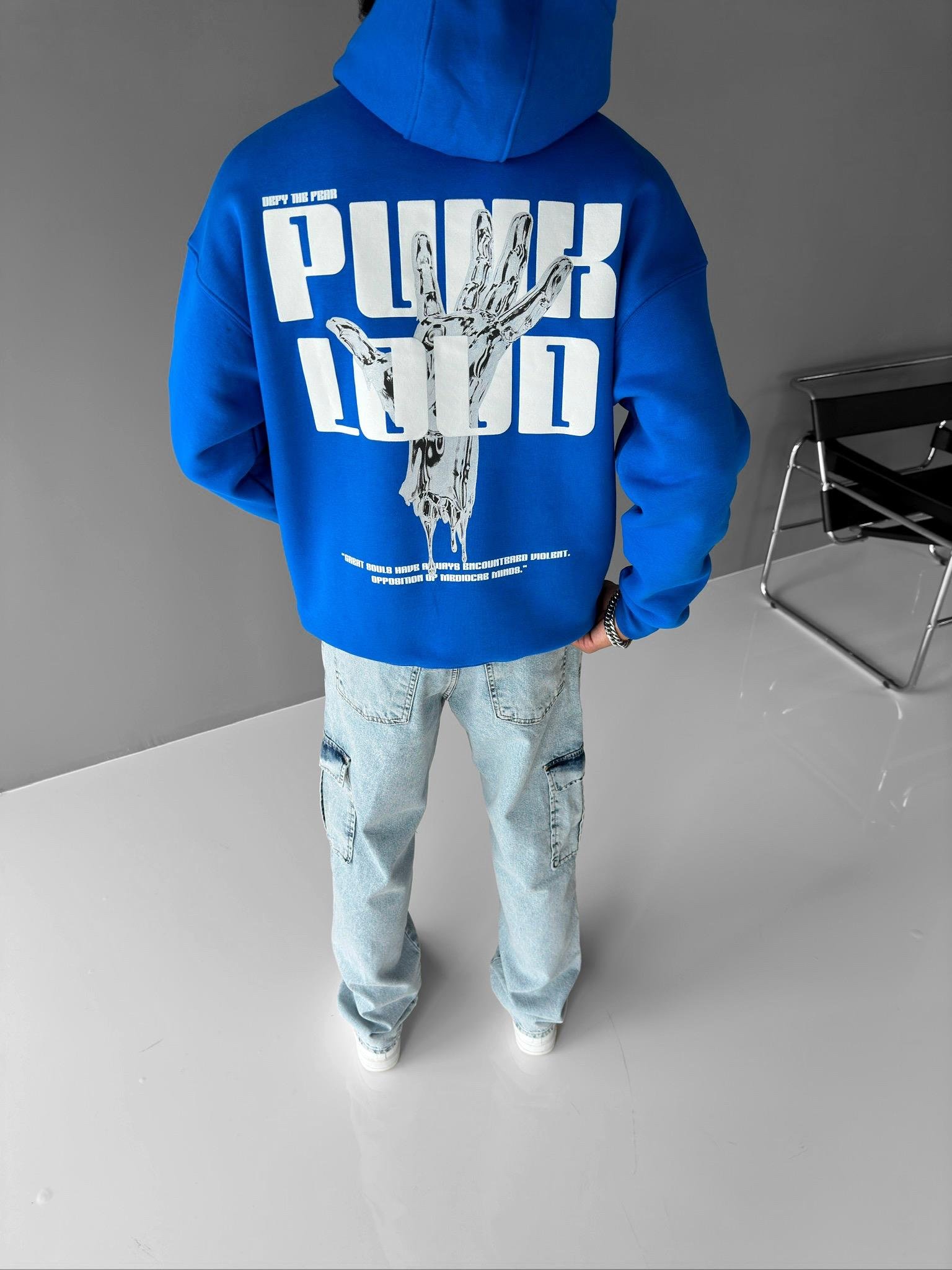 Oversize Punk Loud Kapüşonlu Sweatshirt Mavi