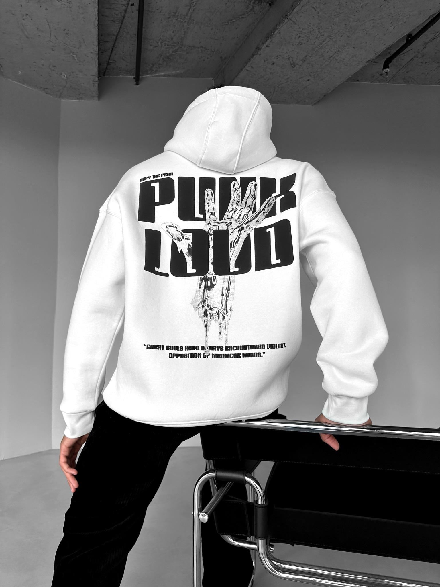 Oversize Punk Loud Kapüşonlu Sweatshirt Beyaz