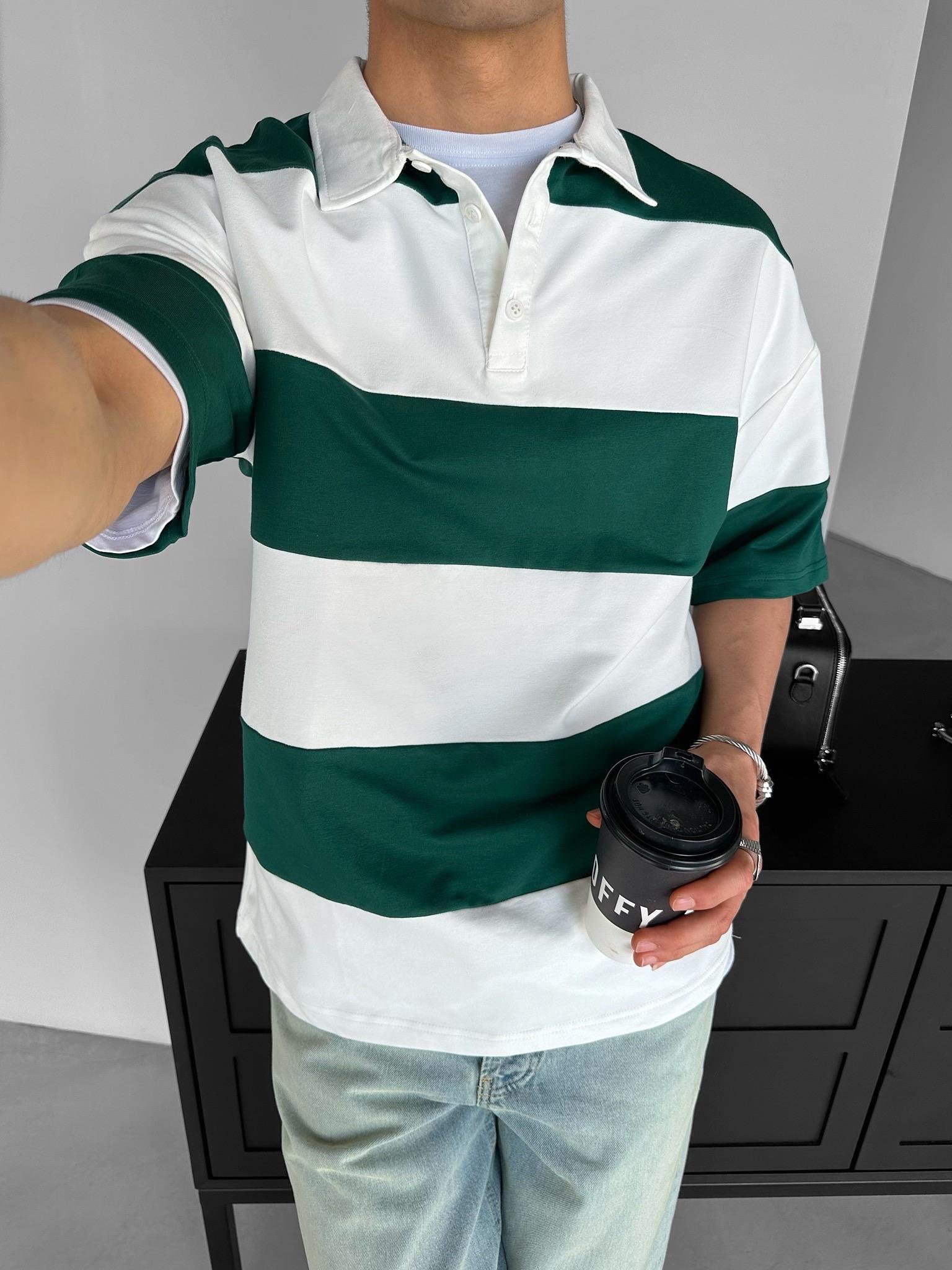 Oversize Renk Bloklu Polo Yaka T-Shirt Yeşil