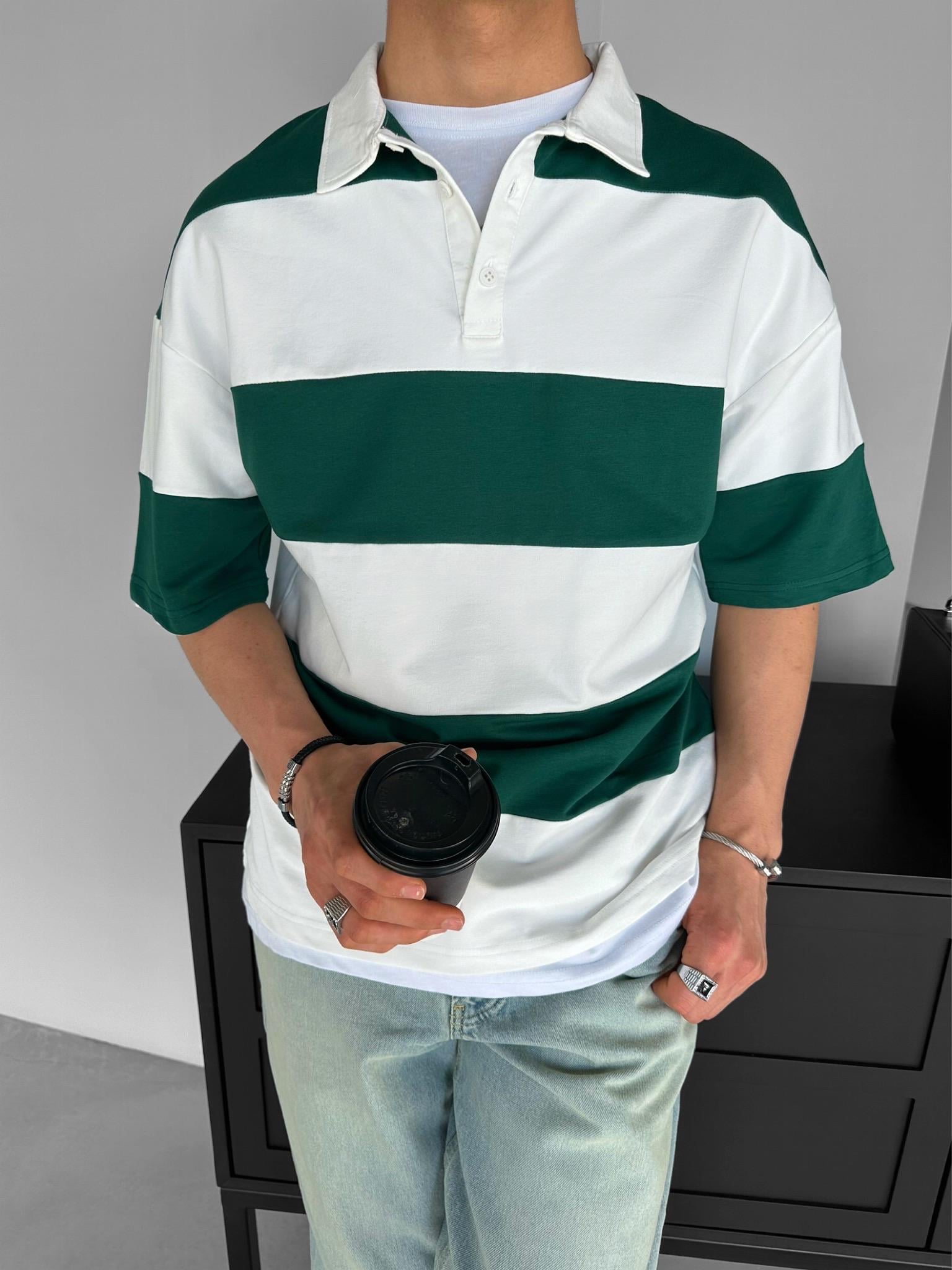 Oversize Renk Bloklu Polo Yaka T-Shirt Yeşil