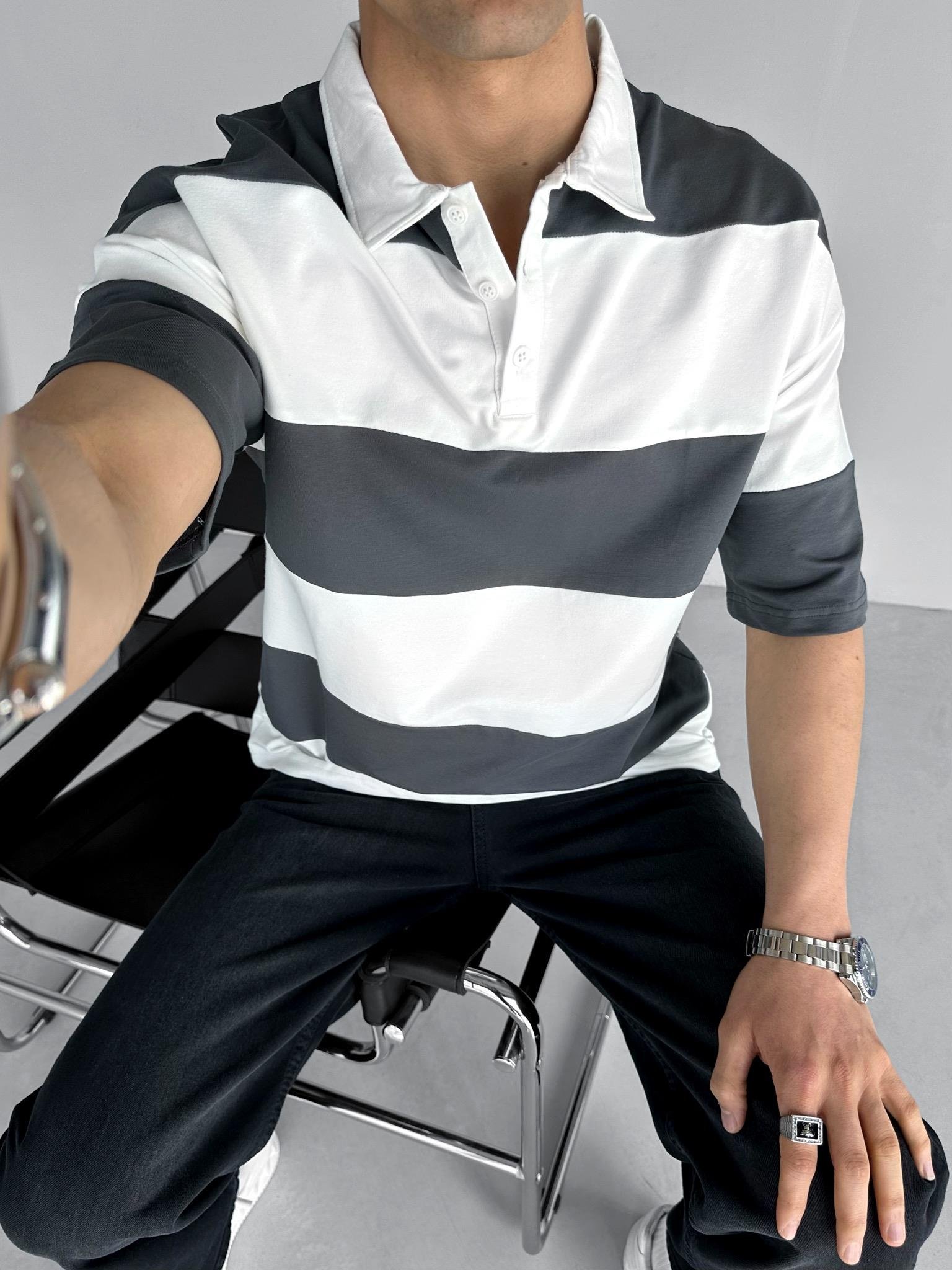 Oversize Renk Bloklu Polo Yaka T-Shirt Füme