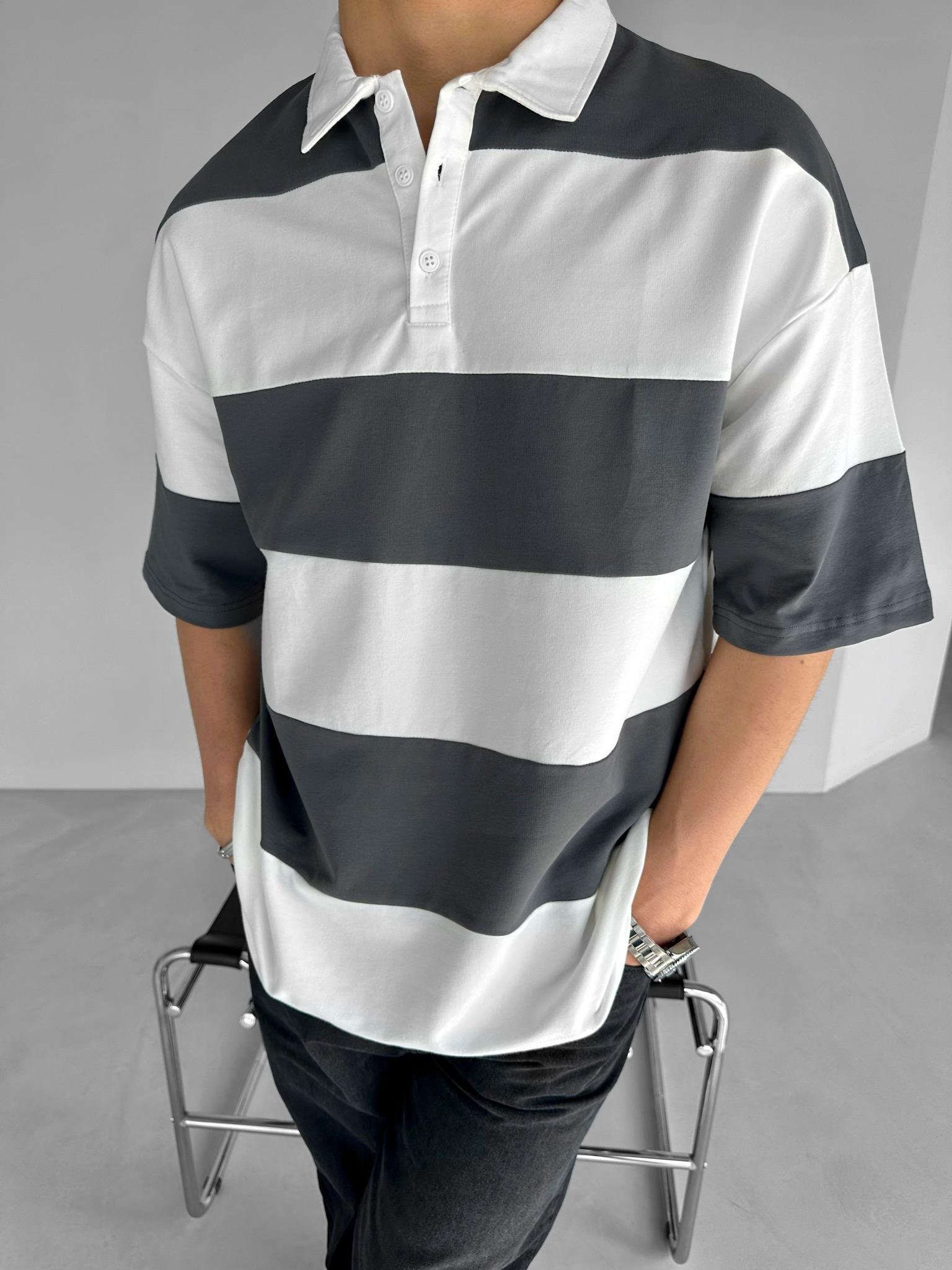 Oversize Renk Bloklu Polo Yaka T-Shirt Füme