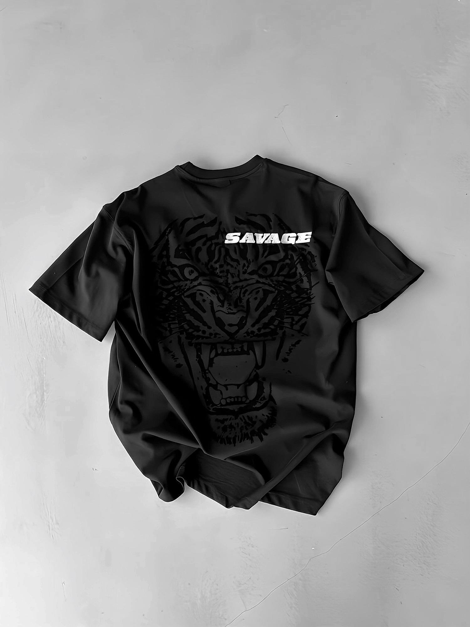 Oversize 'Savage' İşlemeli Ve Baskılı T-Shirt Siyah