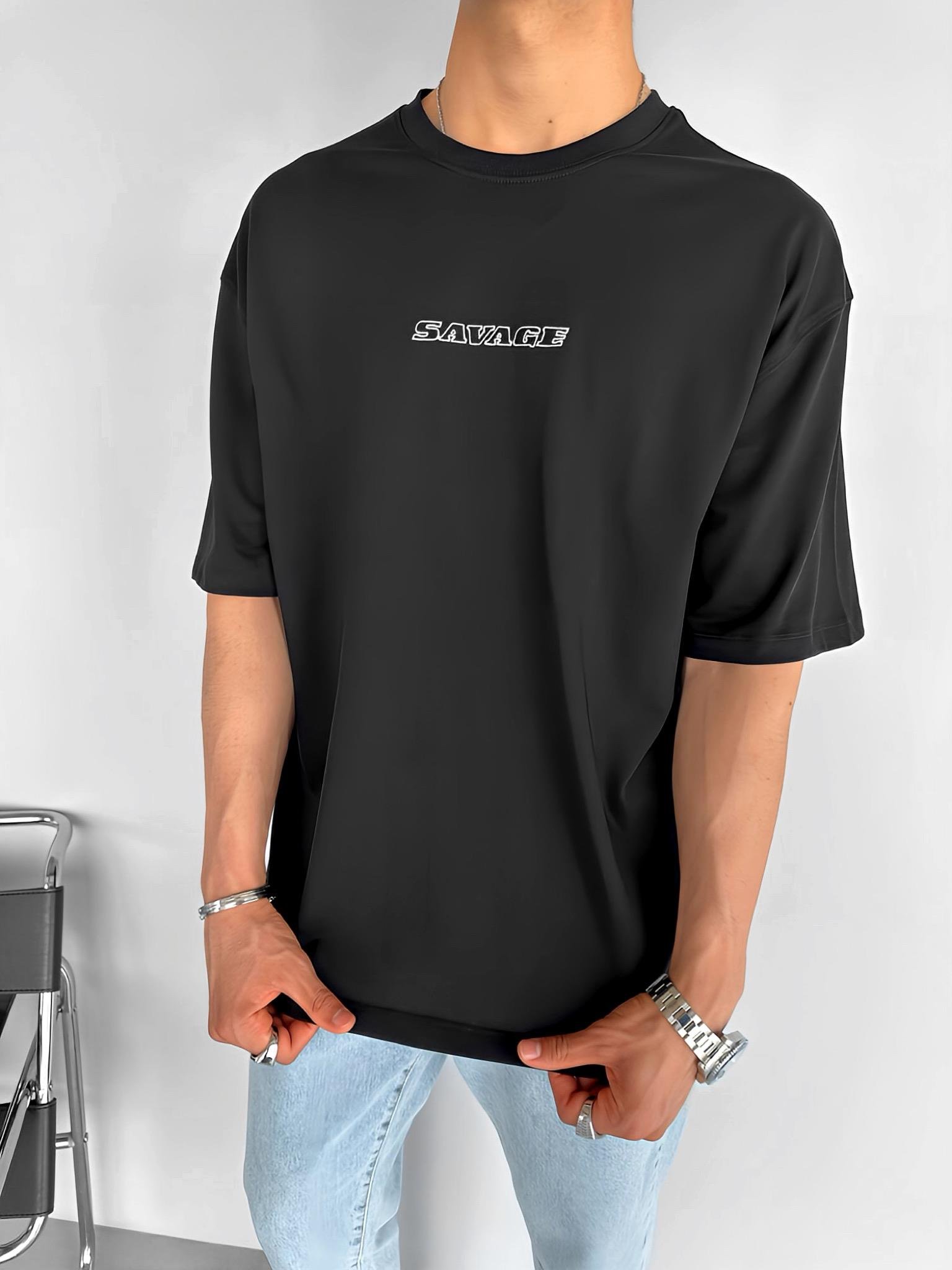 Oversize 'Savage' İşlemeli Ve Baskılı T-Shirt Siyah