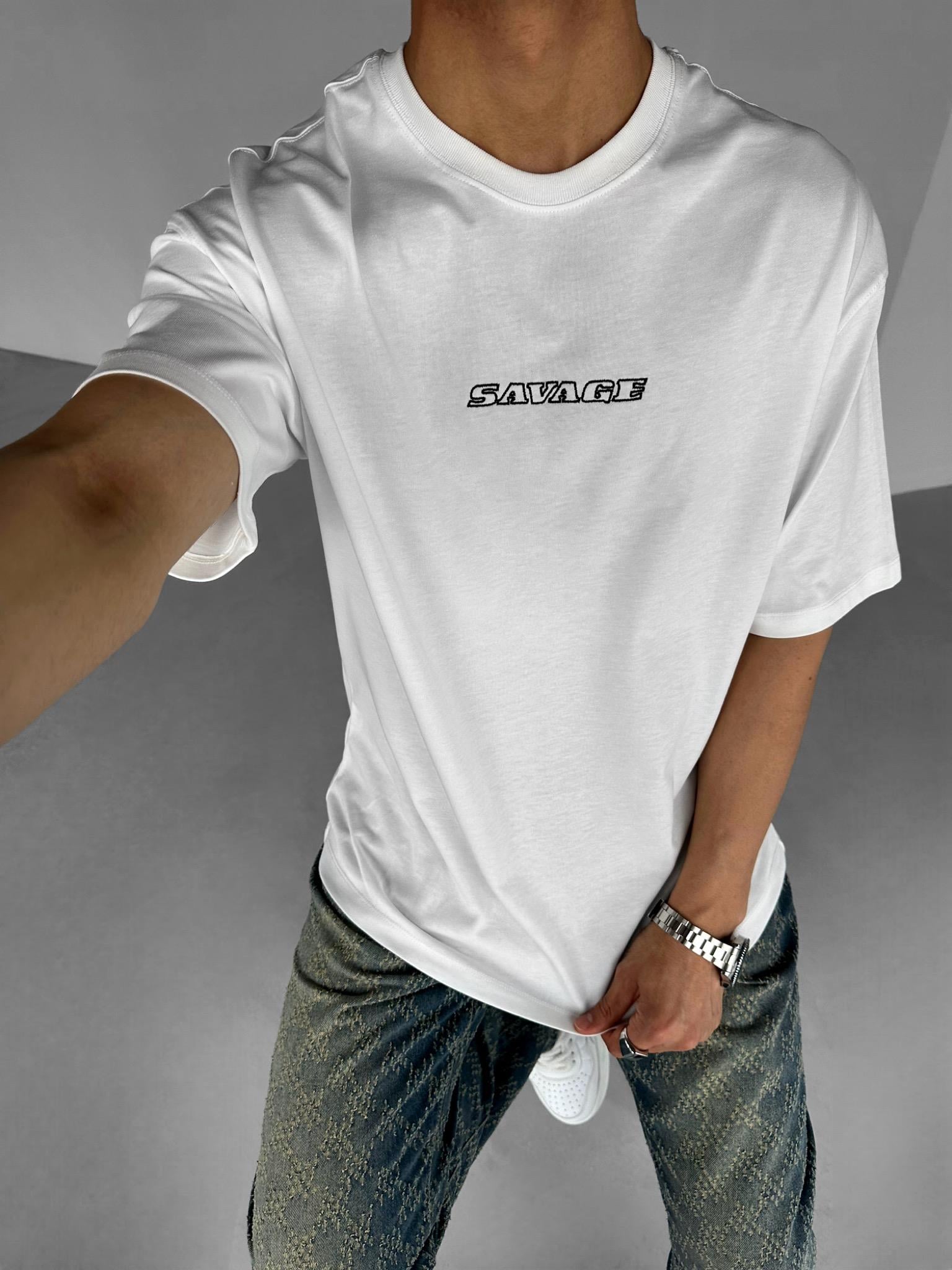 Oversize 'Savage' İşlemeli Ve Baskılı T-Shirt Beyaz