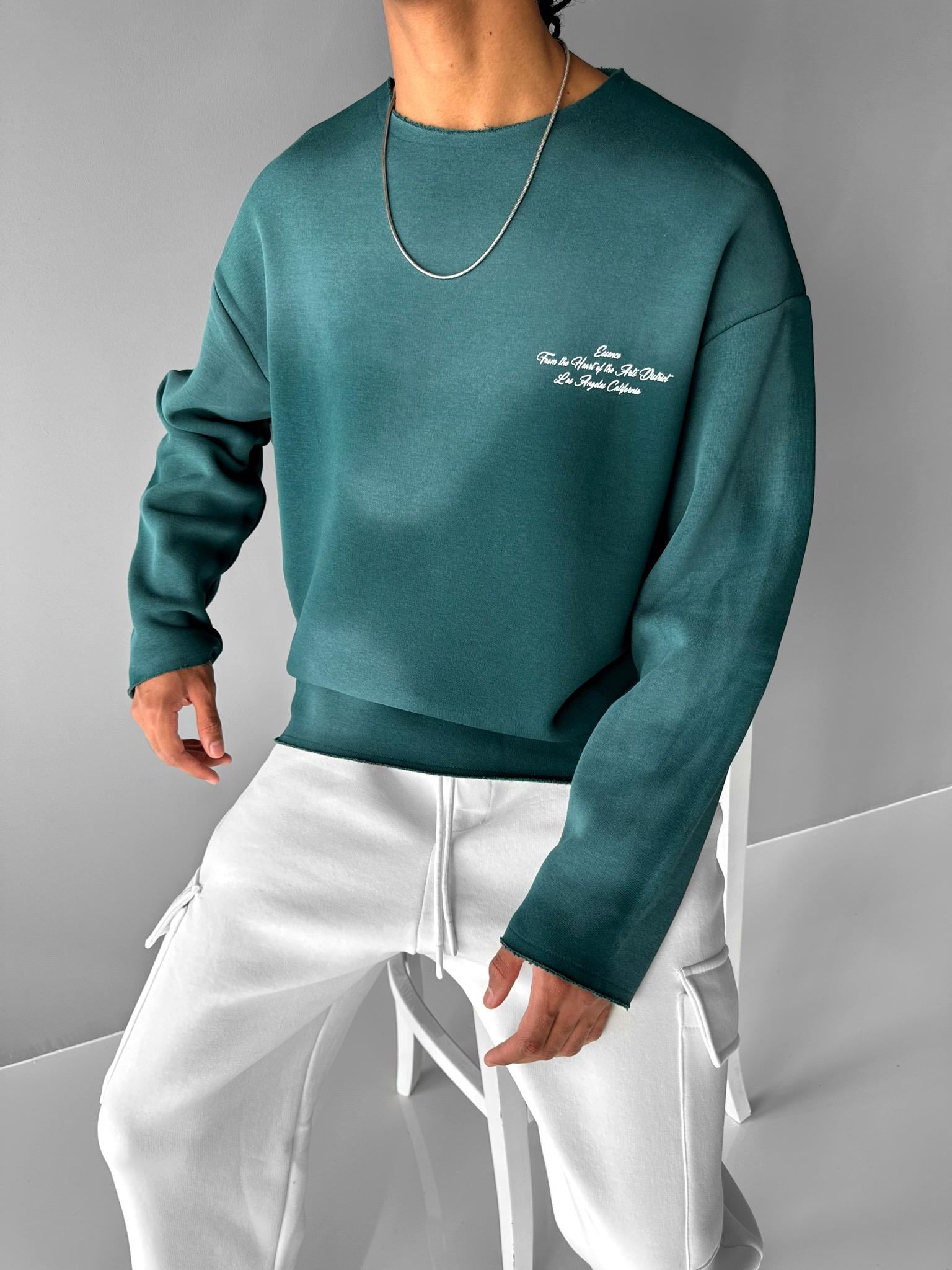 Oversize Smoke Baskılı Sweatshirt Koyu Yeşil