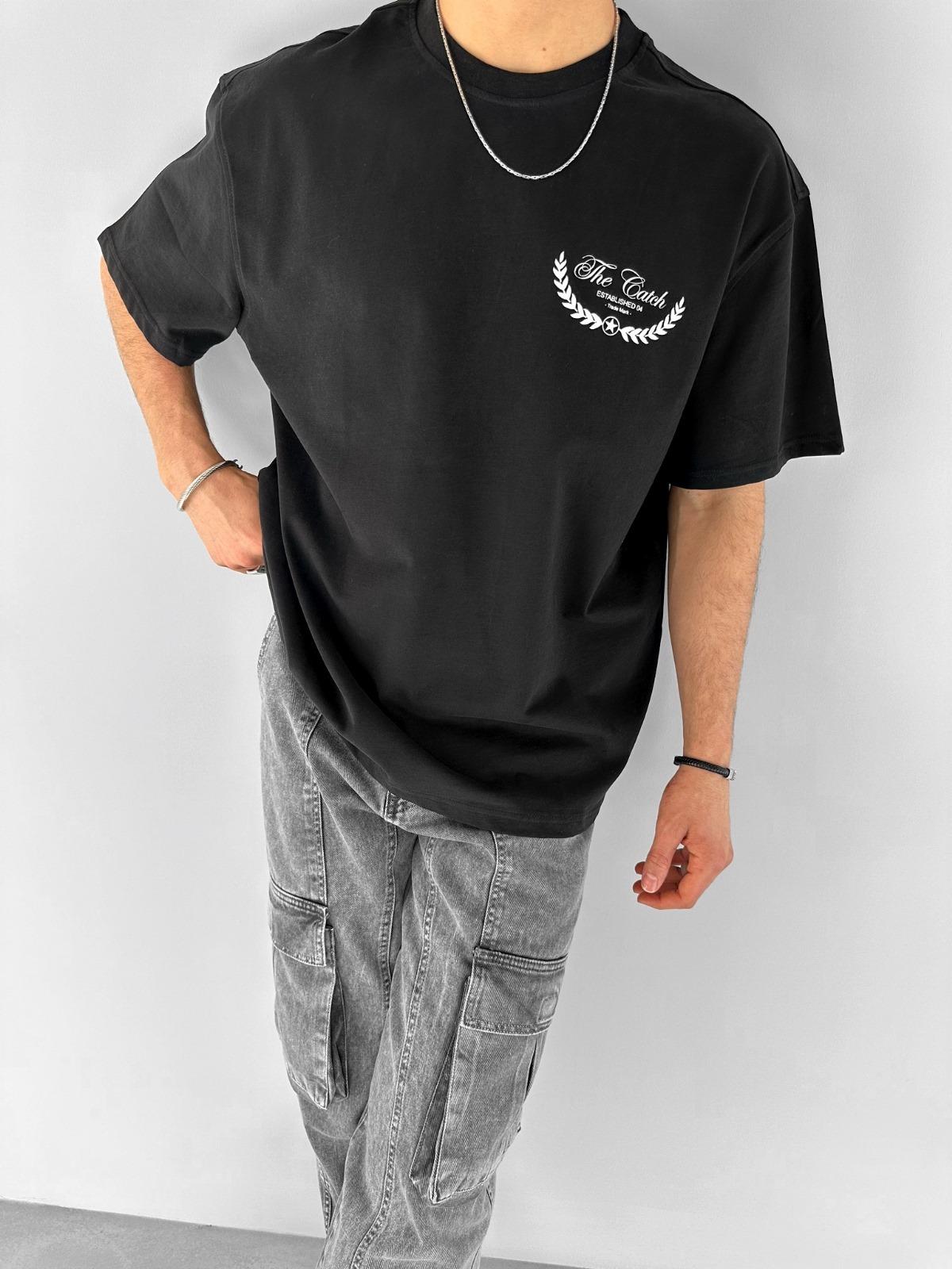 Oversize T-Shirt %100 Pamuk Dokulu Kalın Bisiklet Yaka Siyah