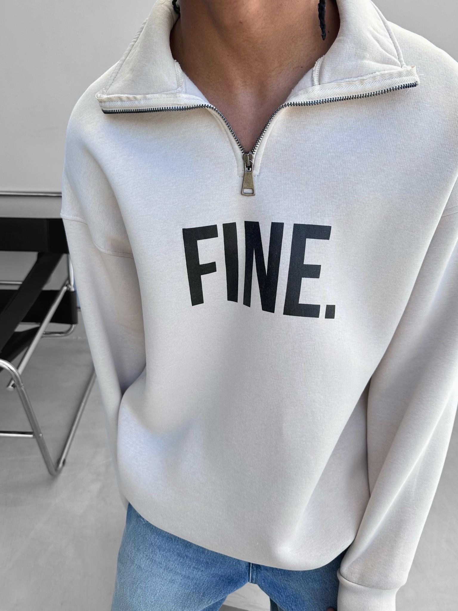 Oversize Yarım Fermuarlı Baskılı Sweatshirt Bej