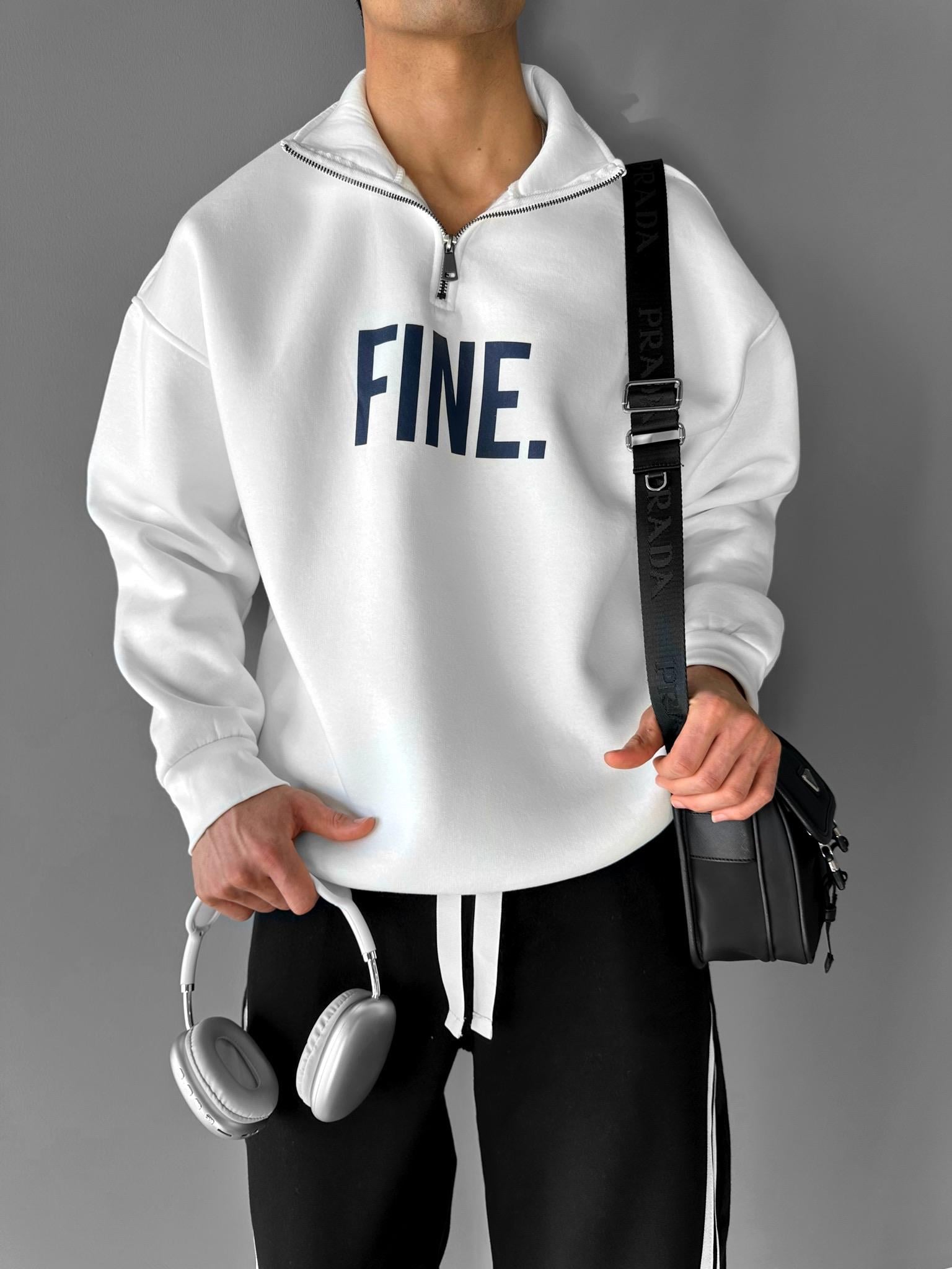 Oversize Yarım Fermuarlı Baskılı Sweatshirt Beyaz
