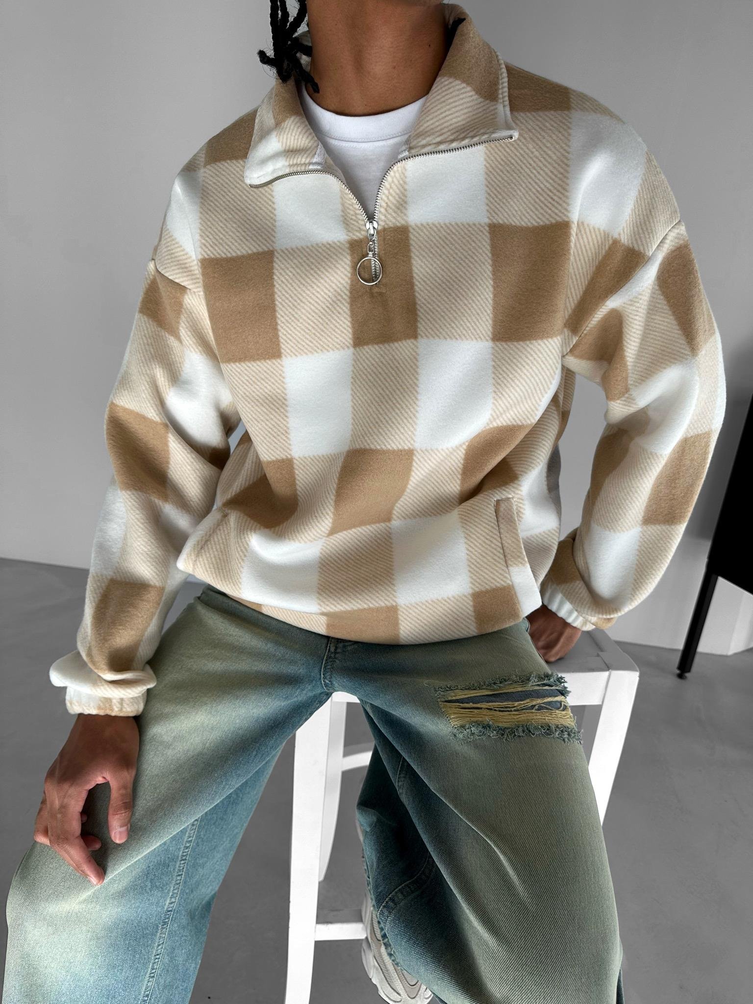 Oversize Yarım Fermuarlı Ekose Polar Sweatshirt Bej