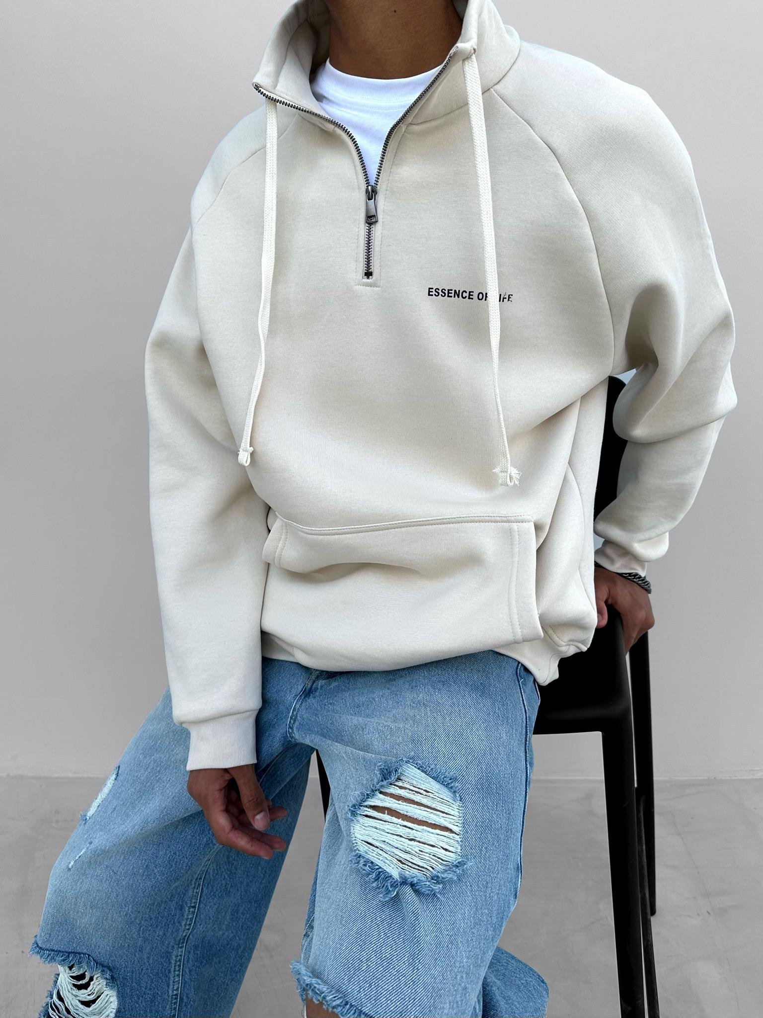 Oversize Yarım Fermuarlı Sweatshirt Bej
