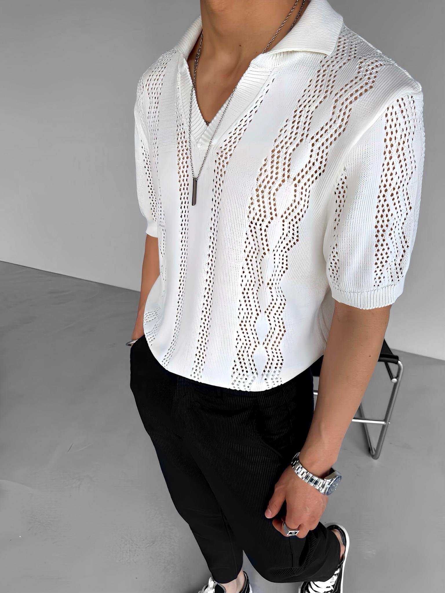 Oversize Yarım Pat Gömlek Yaka Desenli Örme T-Shirt Beyaz