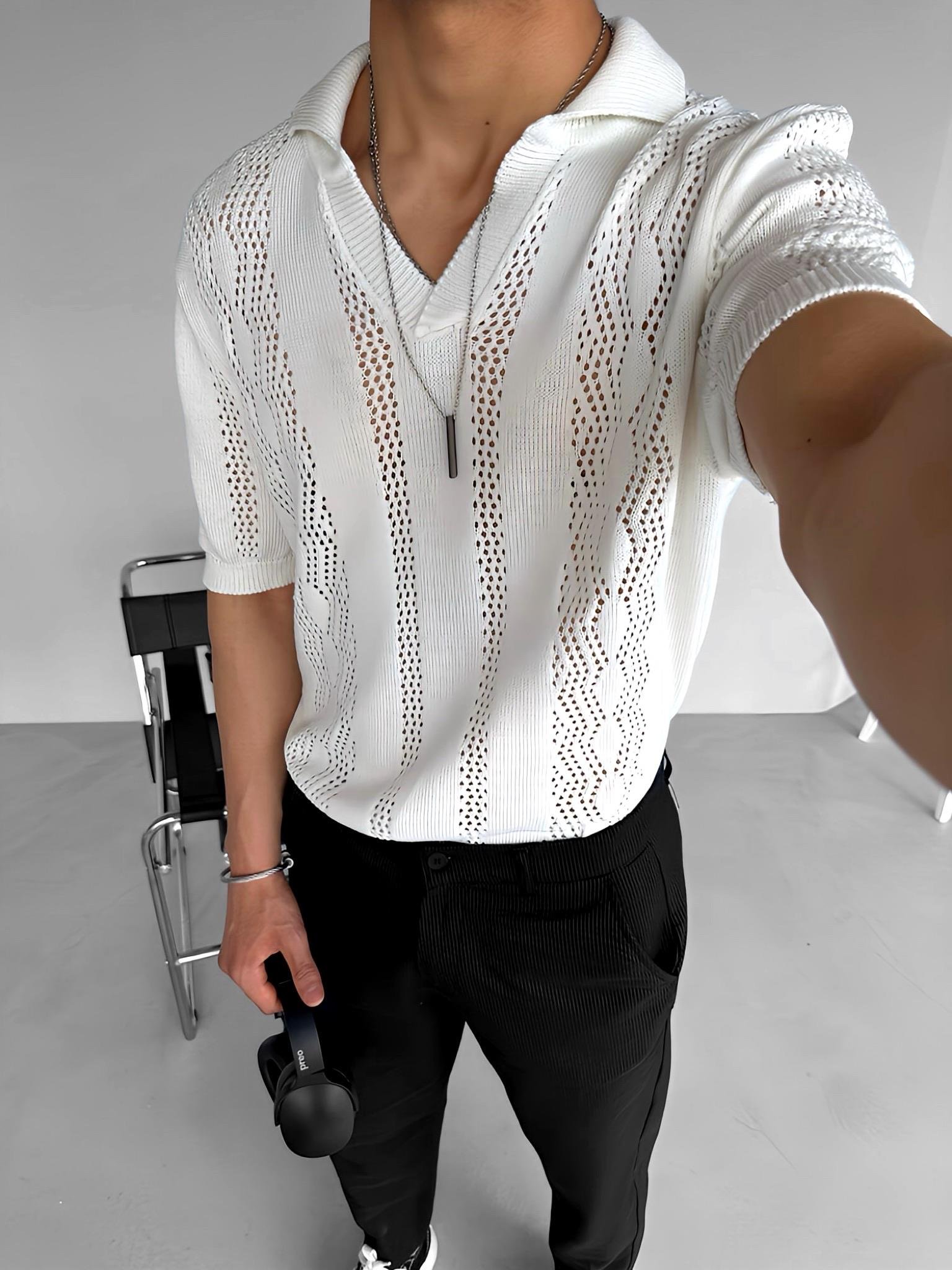 Oversize Yarım Pat Gömlek Yaka Desenli Örme T-Shirt Beyaz