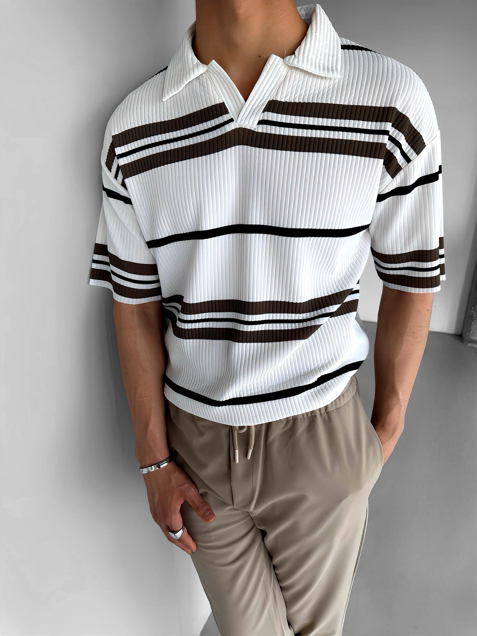 Oversize Yarım Pat Polo Yaka Çizgili T-Shirt Beyaz Kahverengi Lacivert