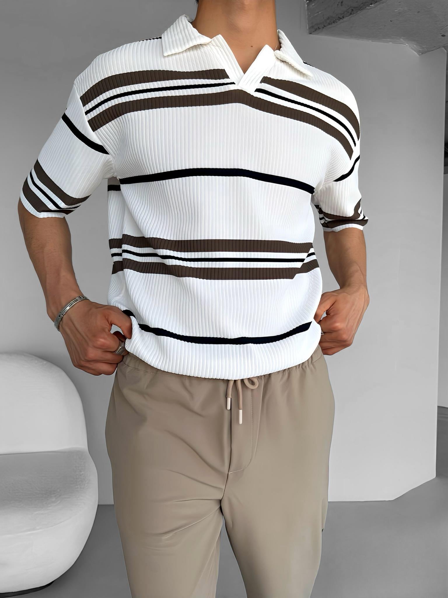 Oversize Yarım Pat Polo Yaka Çizgili T-Shirt Beyaz Kahverengi Lacivert