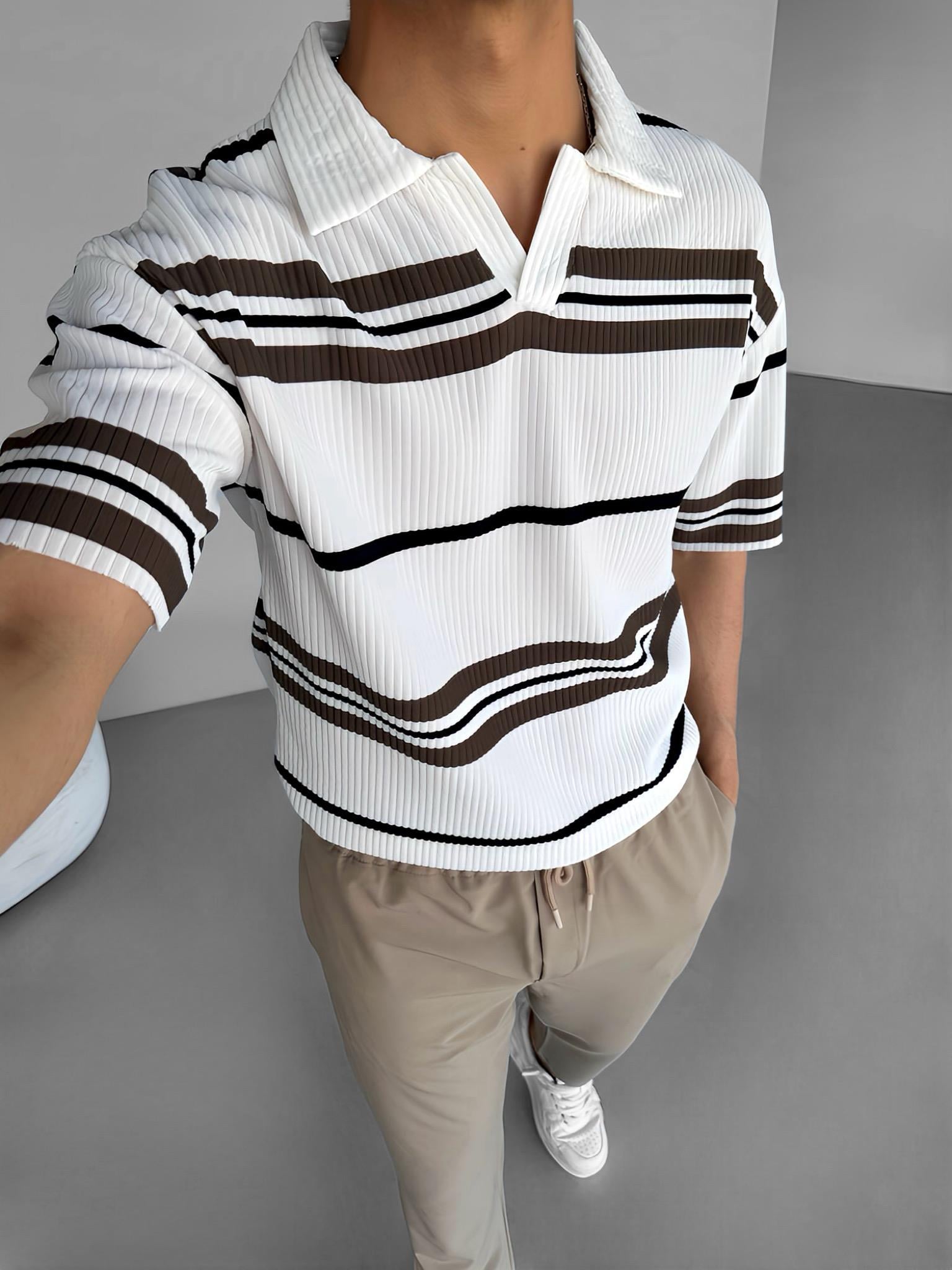 Oversize Yarım Pat Polo Yaka Çizgili T-Shirt Beyaz Kahverengi Lacivert