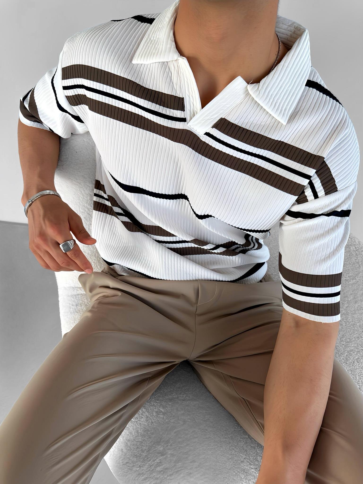 Oversize Yarım Pat Polo Yaka Çizgili T-Shirt Beyaz Kahverengi Lacivert