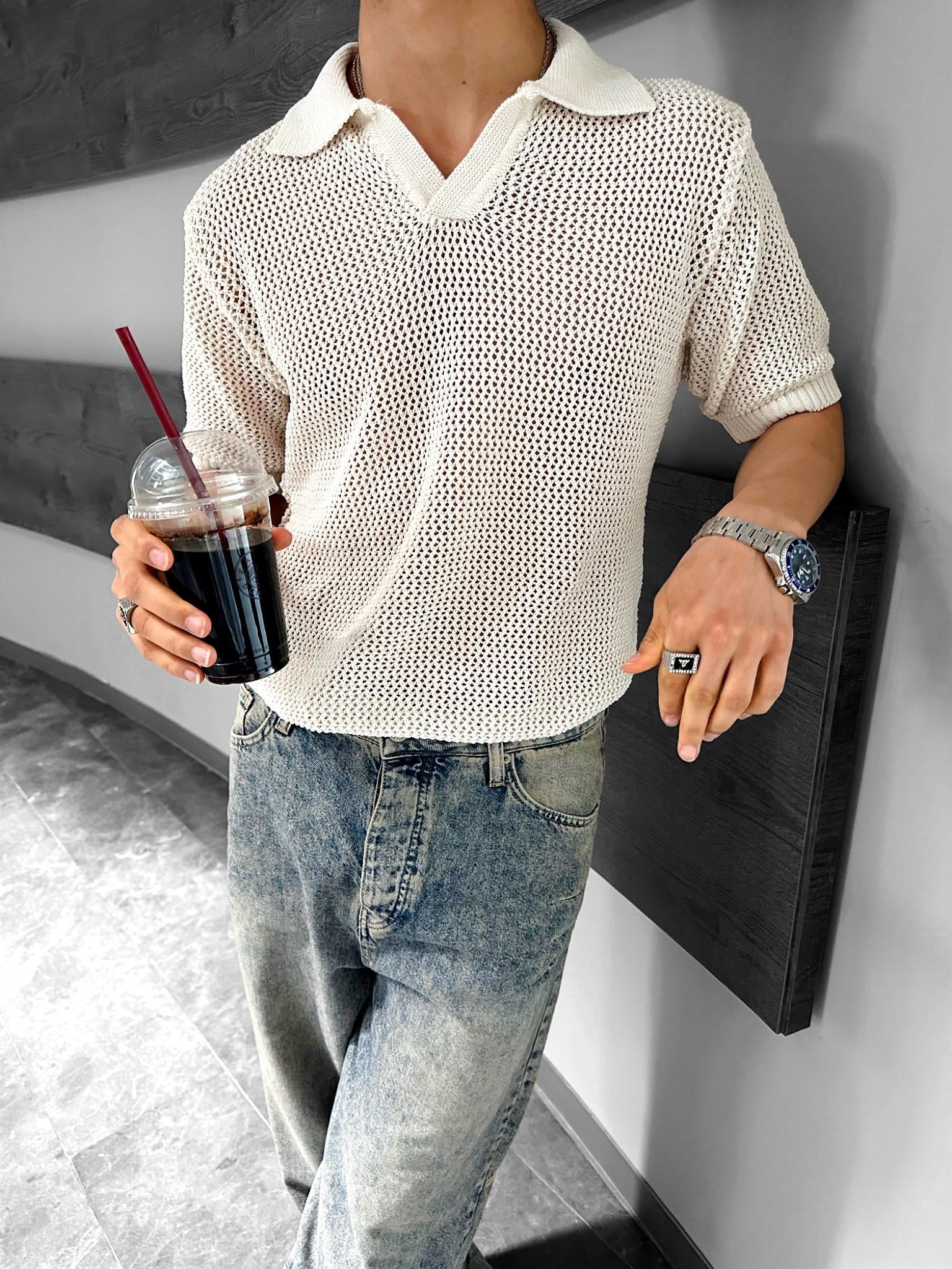 Oversize Yarım Pat Yaka File Çizgili T-Shirt Bej