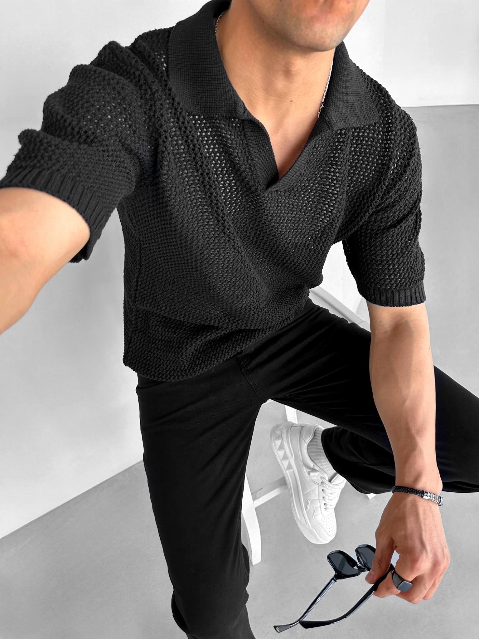 Oversize Yarım Pat Yaka File Çizgili T-Shirt Siyah