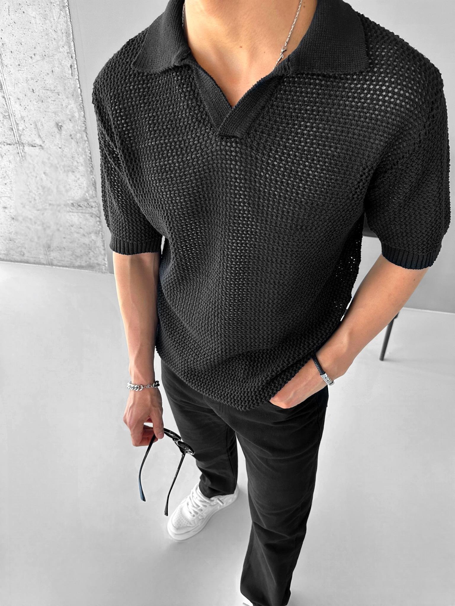 Oversize Yarım Pat Yaka File Çizgili T-Shirt Siyah