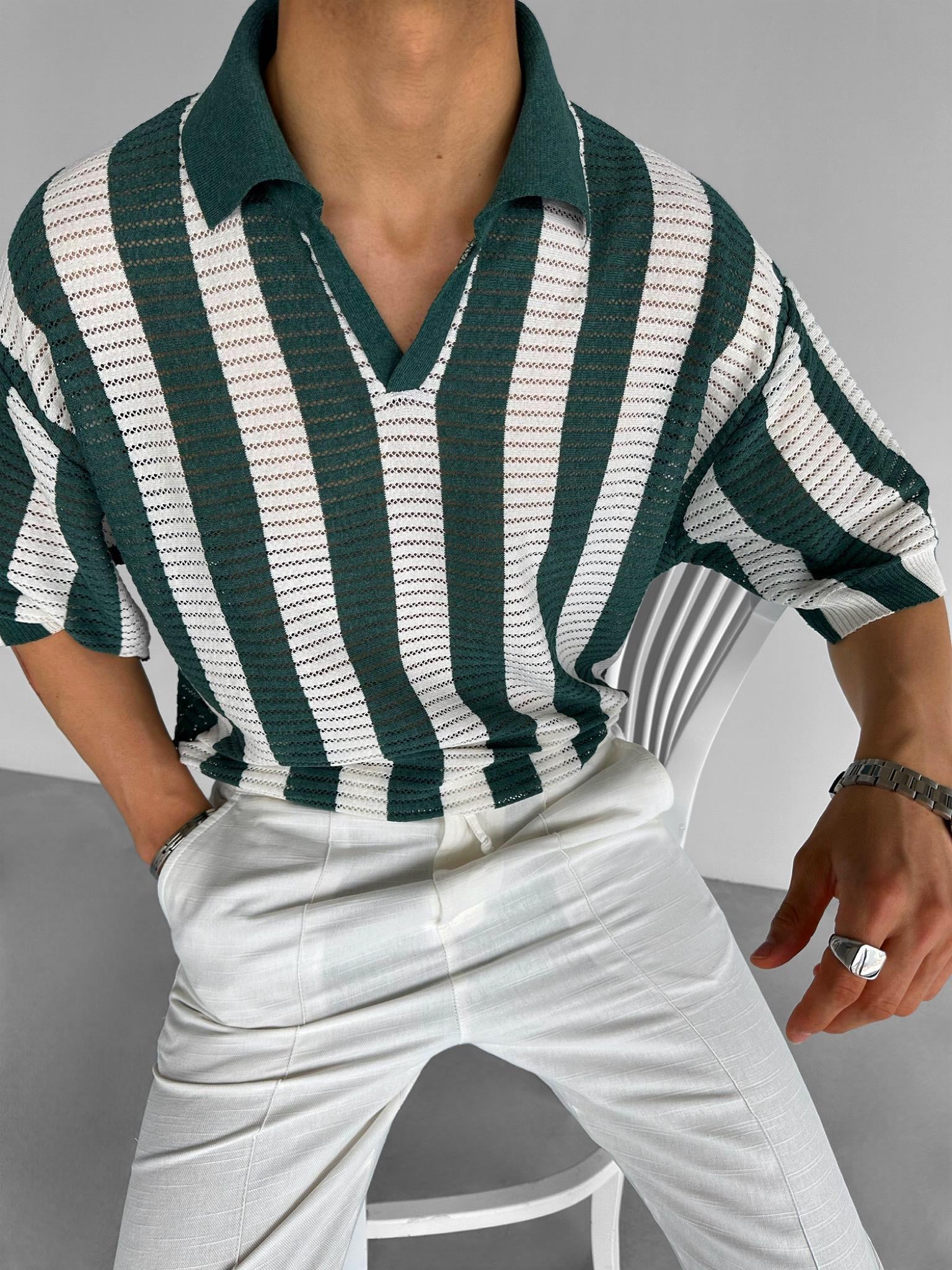 Oversize Yarım Pat Yaka Fileli Triko T-Shirt Yeşil