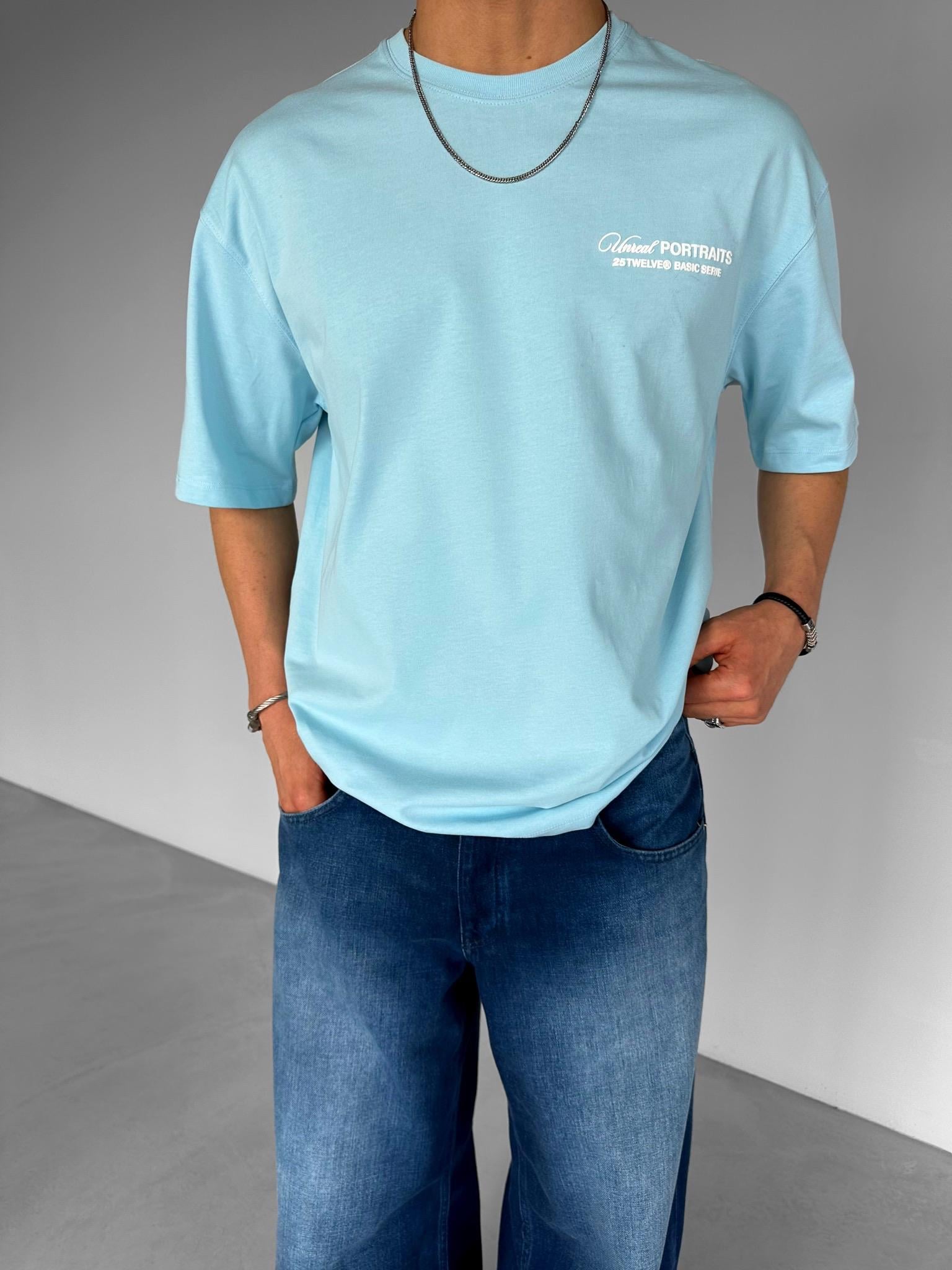 Oversize Yıkamalı %100 Pamuk Arkası Kabartma Baskılı T-Shirt Mavi
