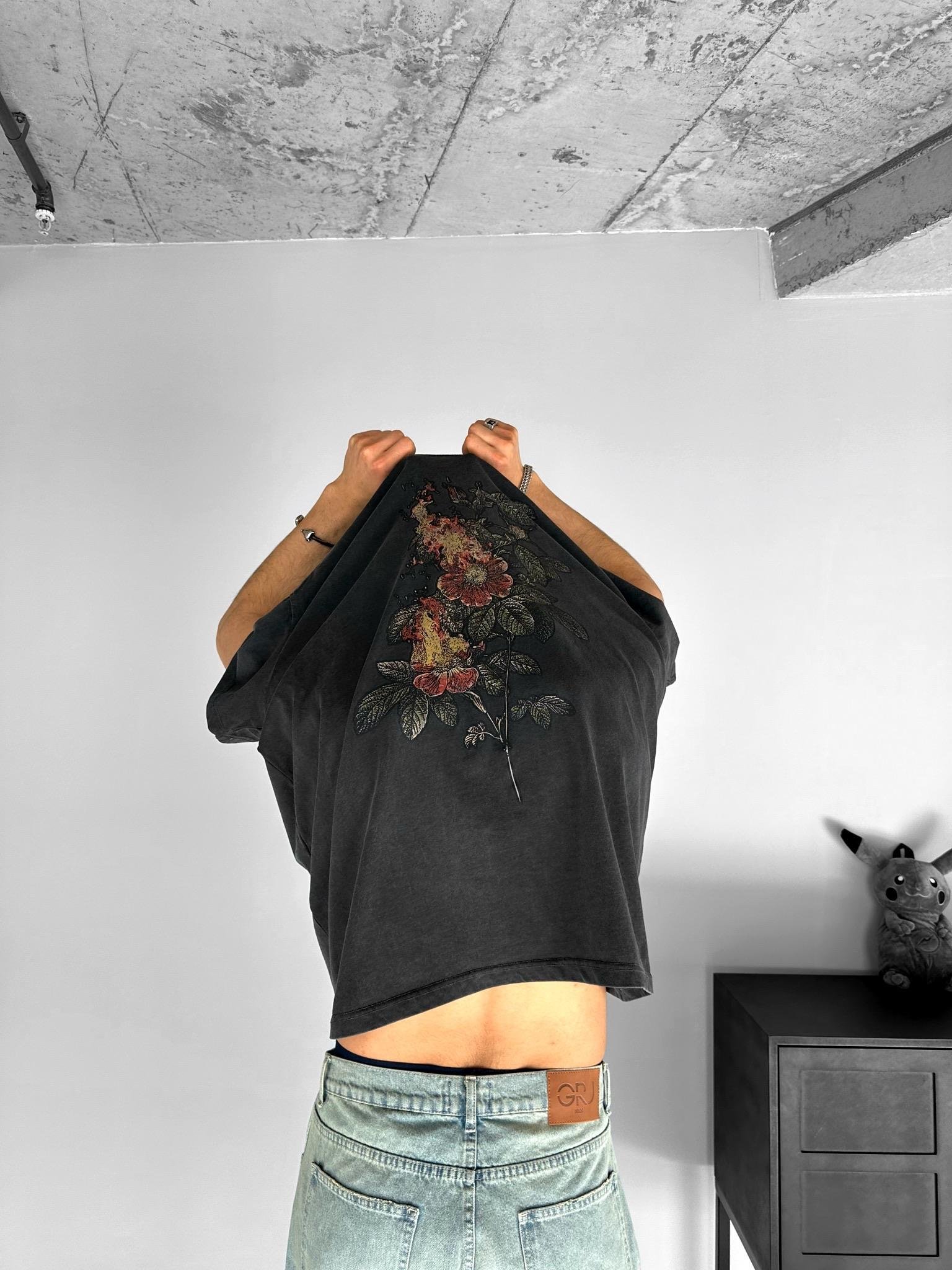 Oversize Yıkamalı Baskılı T-Shirt Füme