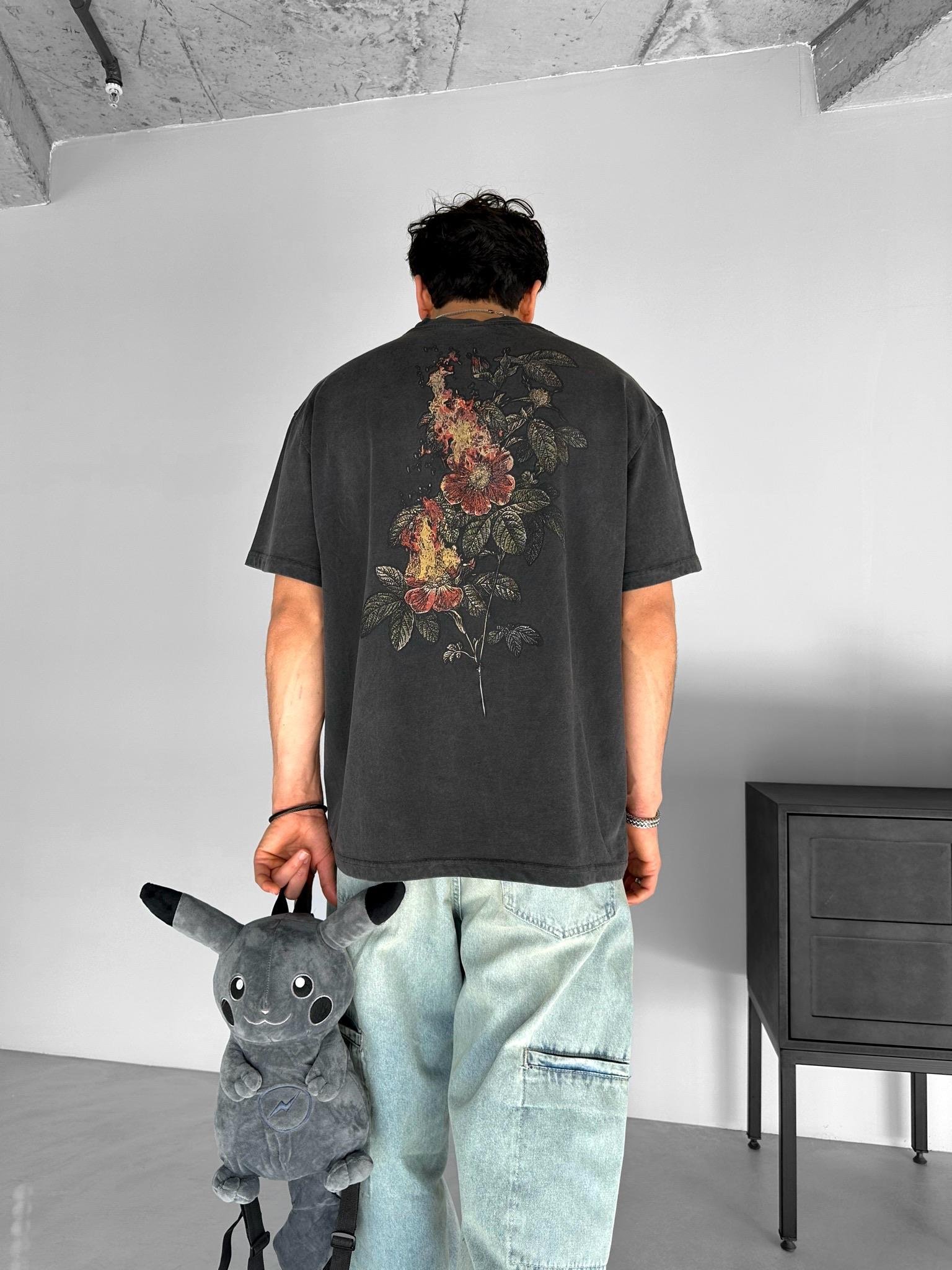 Oversize Yıkamalı Baskılı T-Shirt Füme