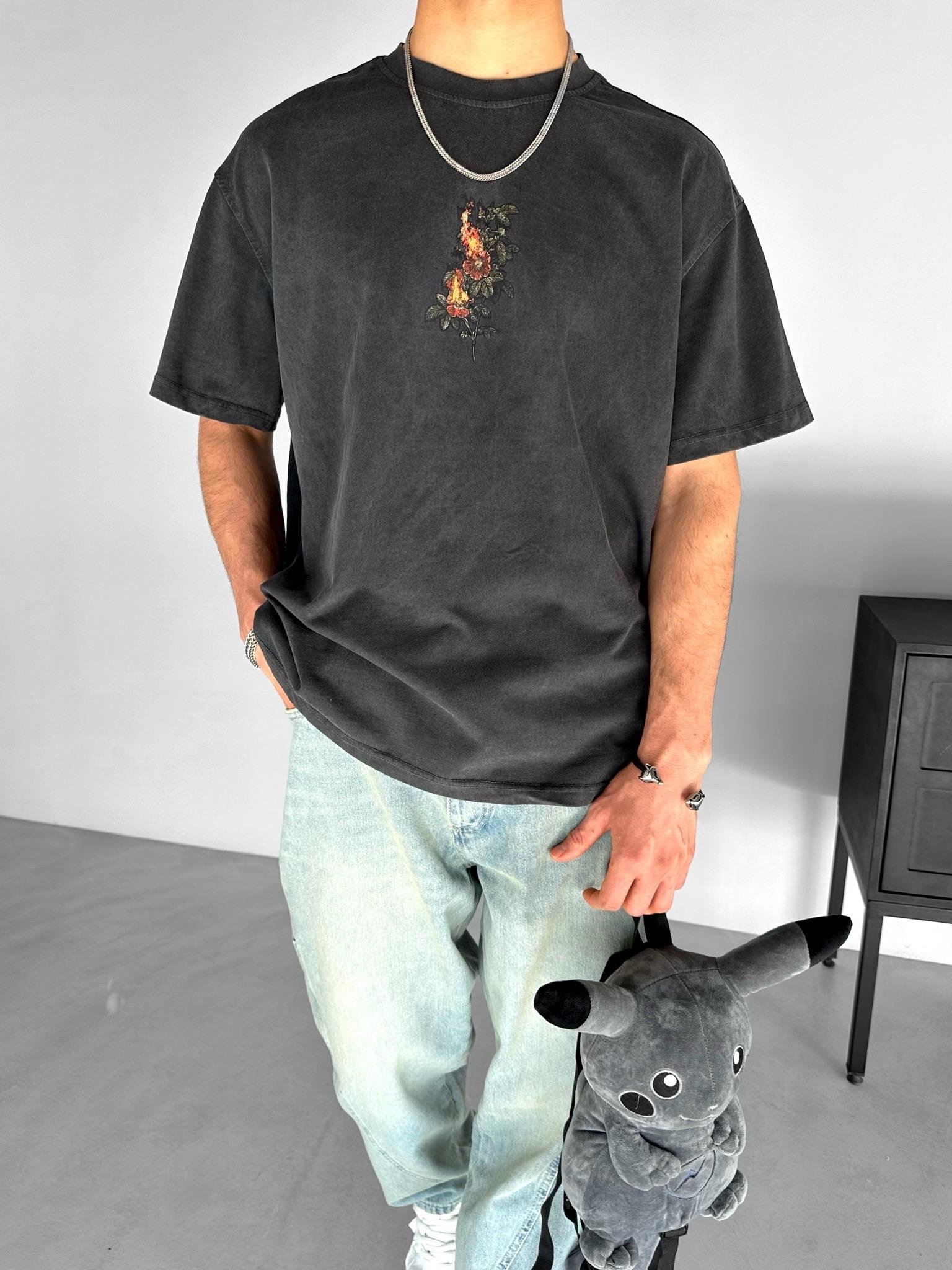 Oversize Yıkamalı Baskılı T-Shirt Füme