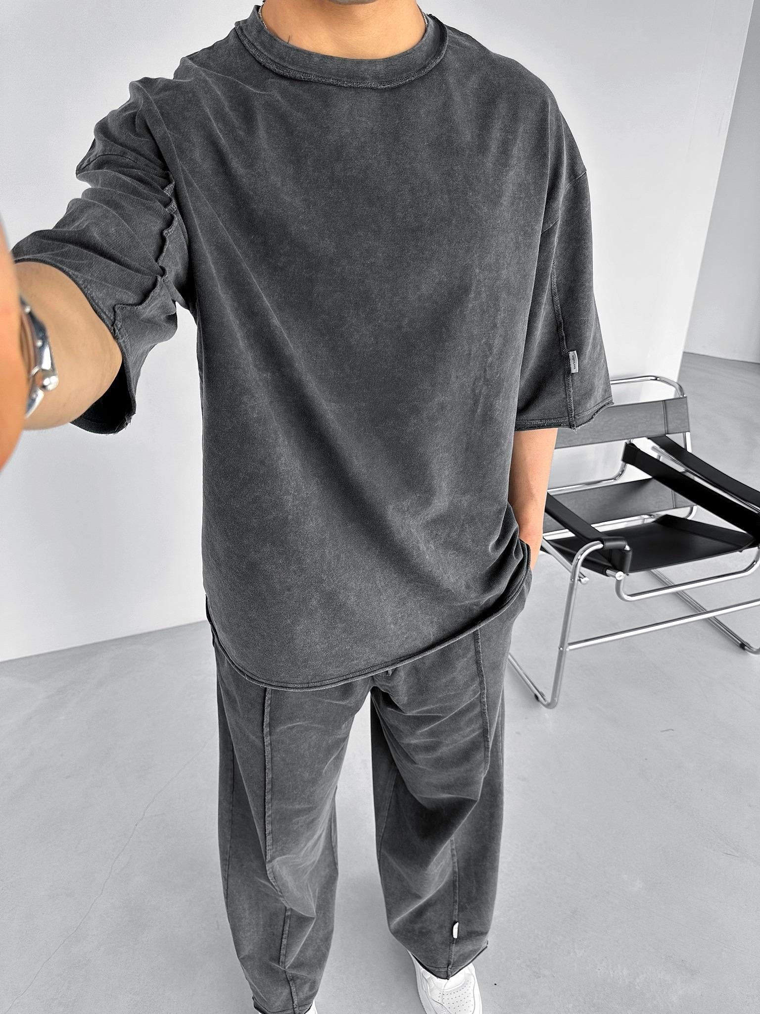 Siyah Oversize Yıkamalı Ters Dikiş Detaylı Erkek T-Shirt | ABLUKA