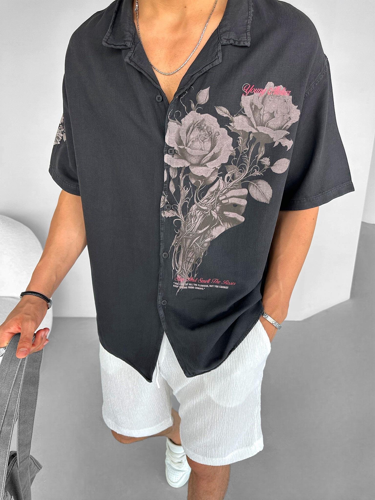 Oversize 'Young Atelier' Baskılı Flower Desenli Gömlek Antrasit