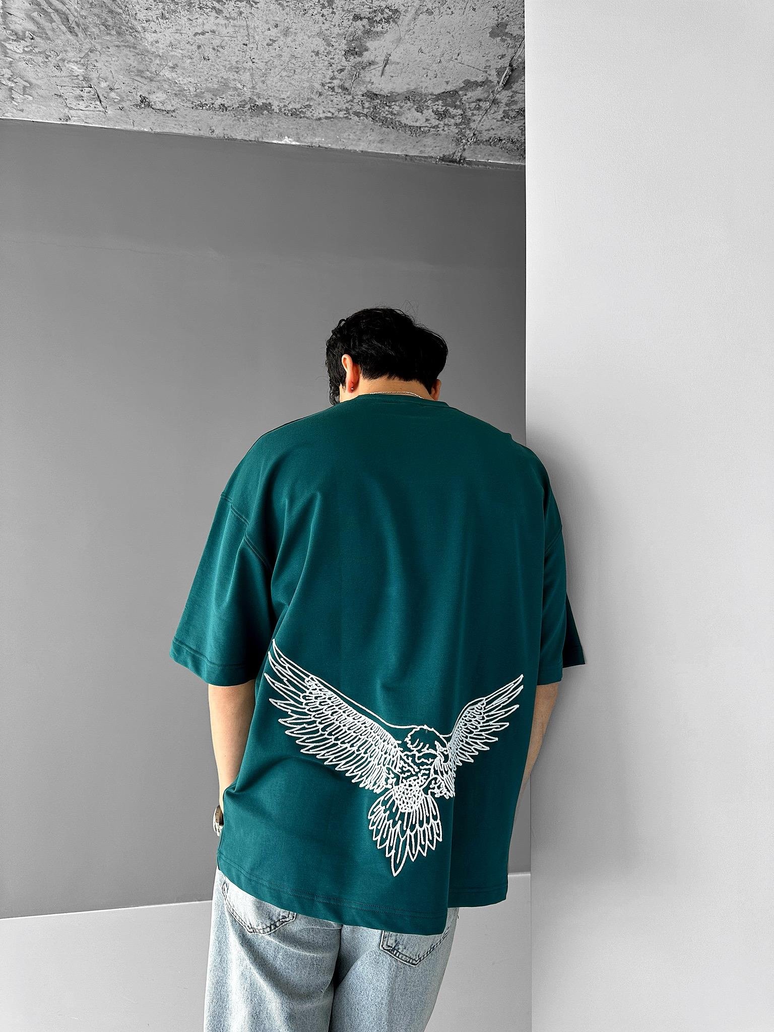 Oversize Yuvarlak Yaka Nakışlı T-Shirt Zümrüt Yeşili
