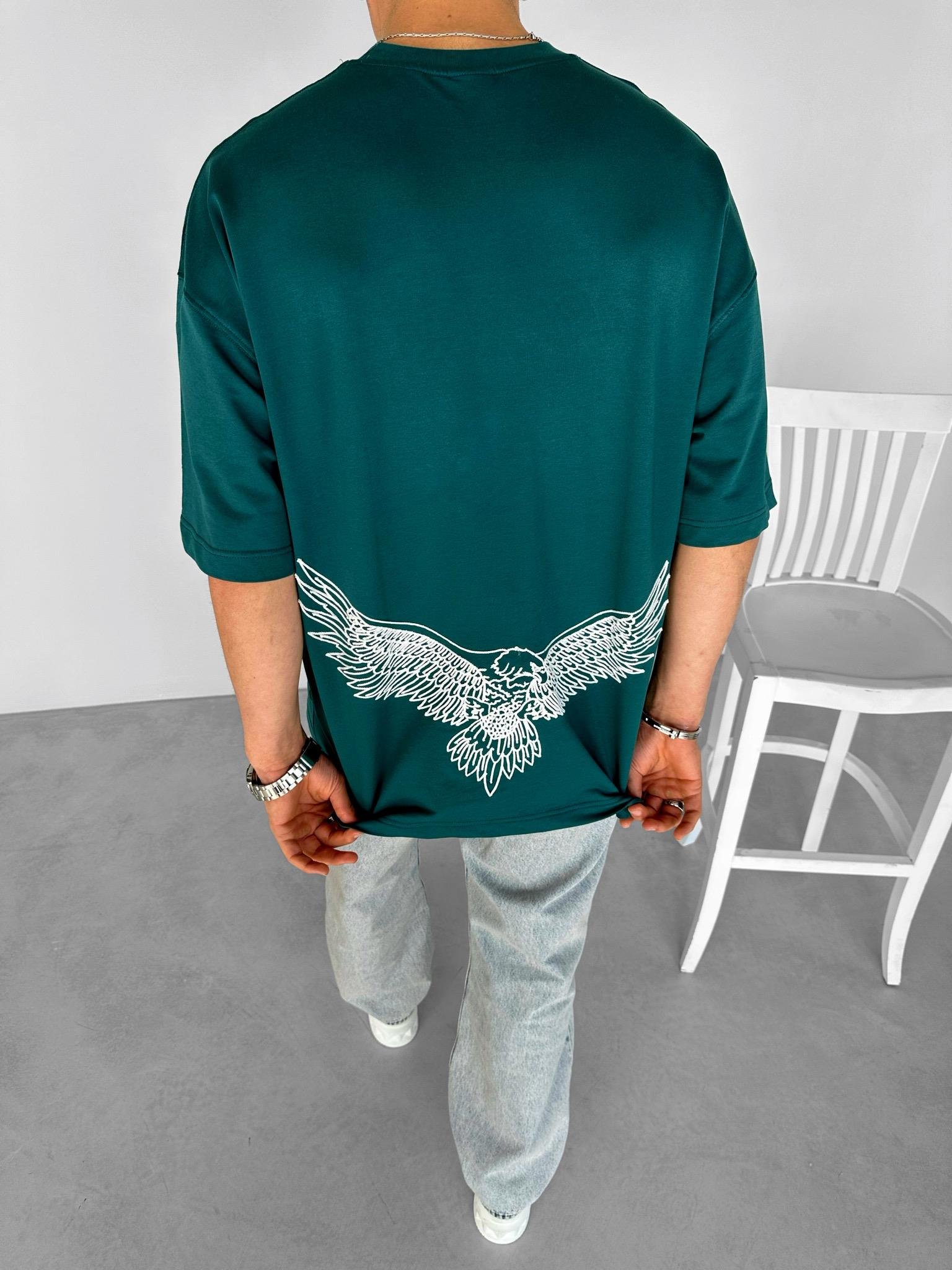Oversize Yuvarlak Yaka Nakışlı T-Shirt Zümrüt Yeşili